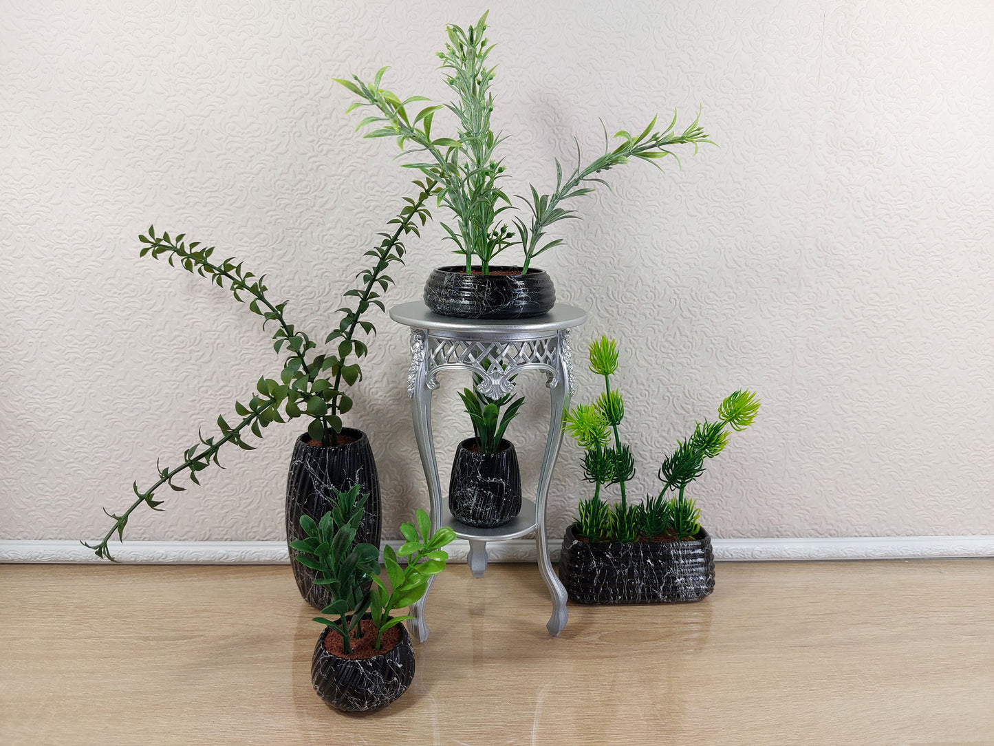 Miniature artificial plants in pots, set of 5 pcs, black