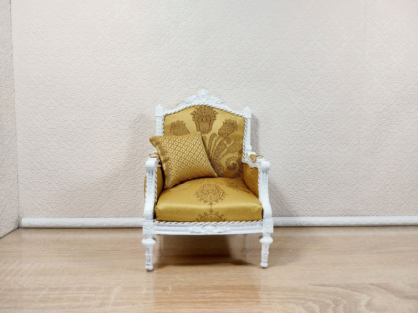 Classical armchair for dolls, Louis XVI style, white & yellow