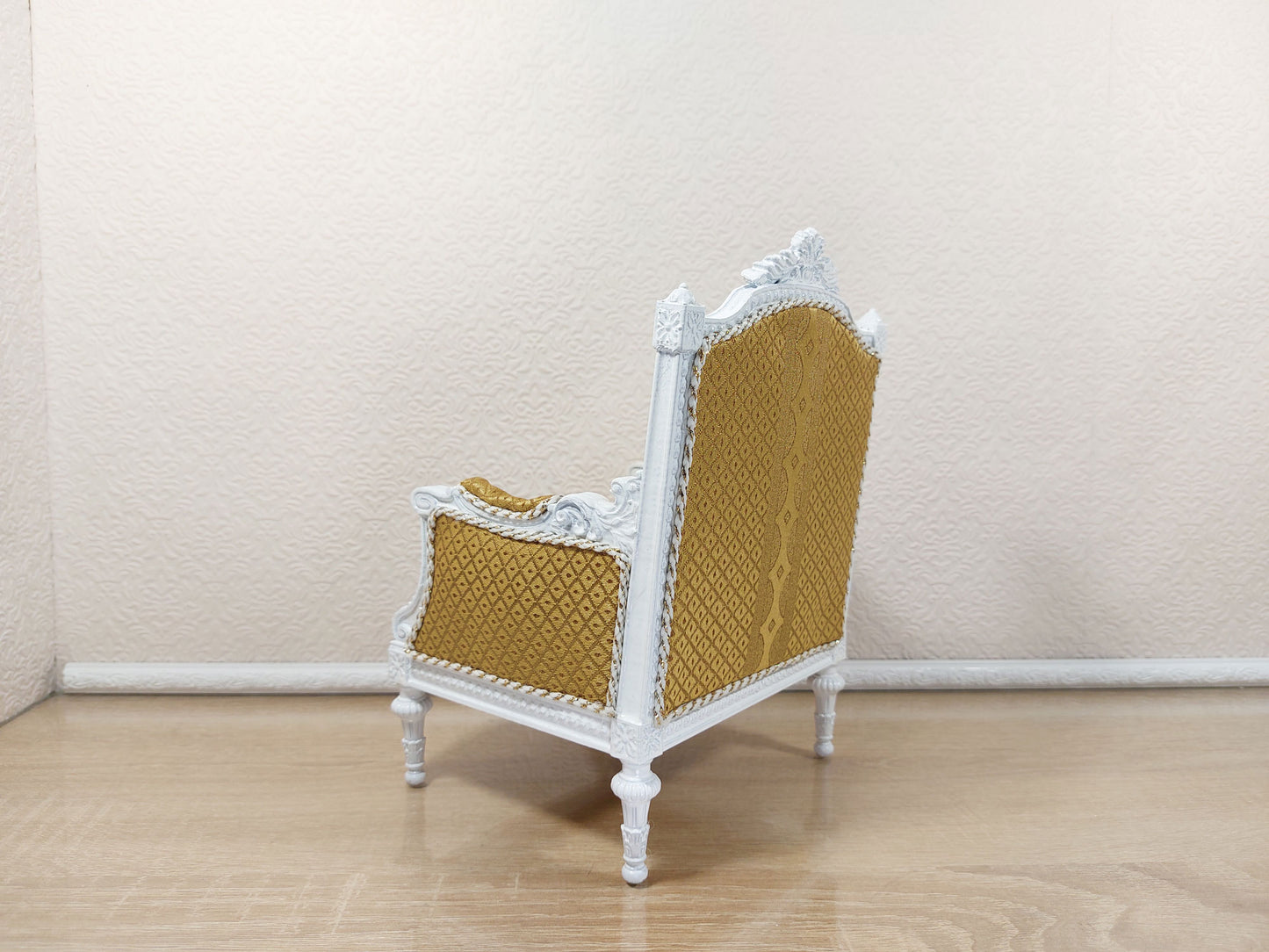 Classical armchair for dolls, Louis XVI style, white & yellow