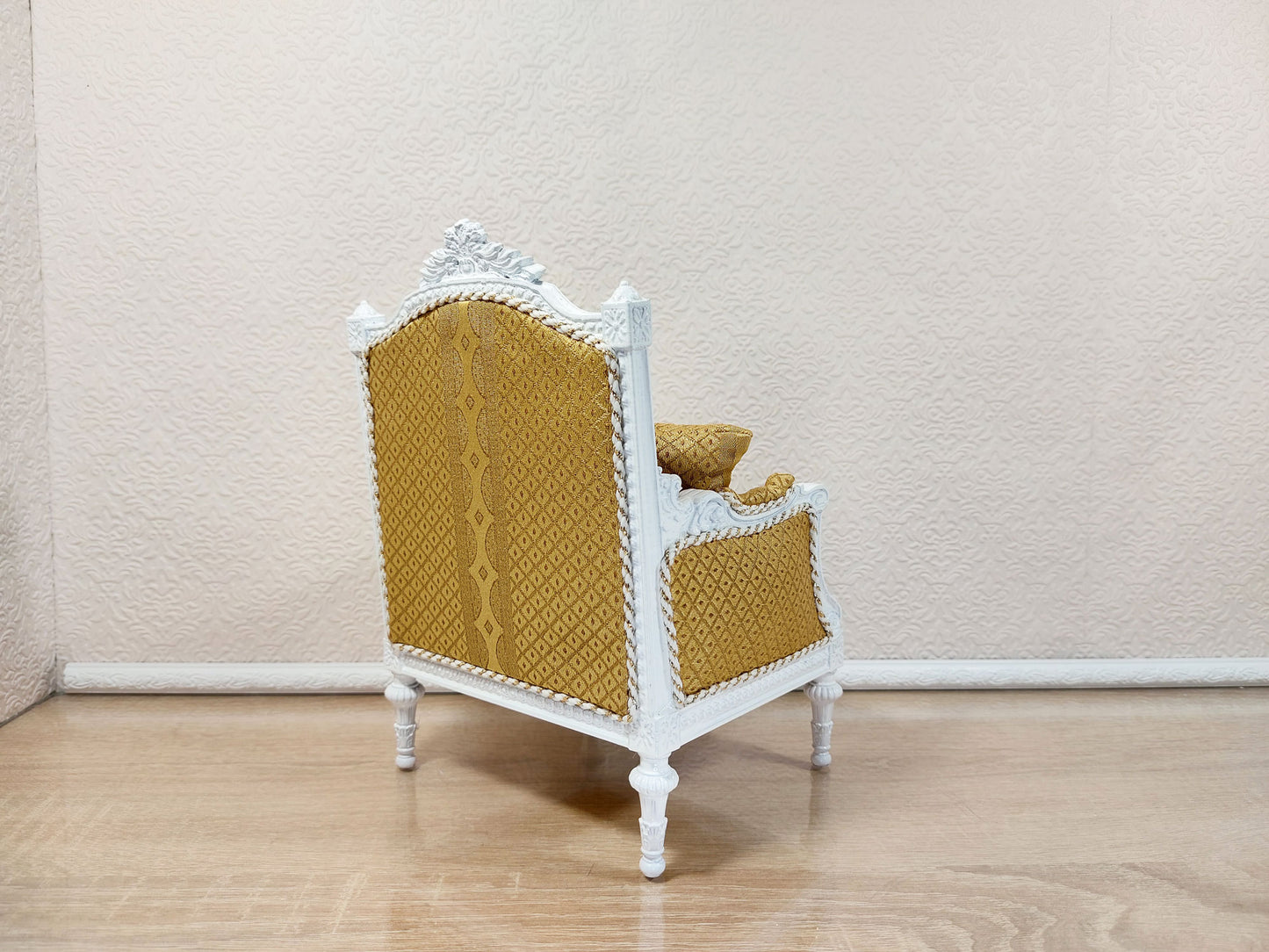 Classical armchair for dolls, Louis XVI style, white & yellow