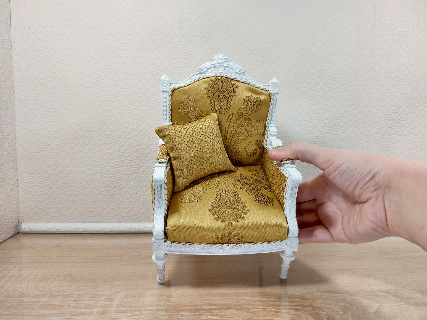 Classical armchair for dolls, Louis XVI style, white & yellow