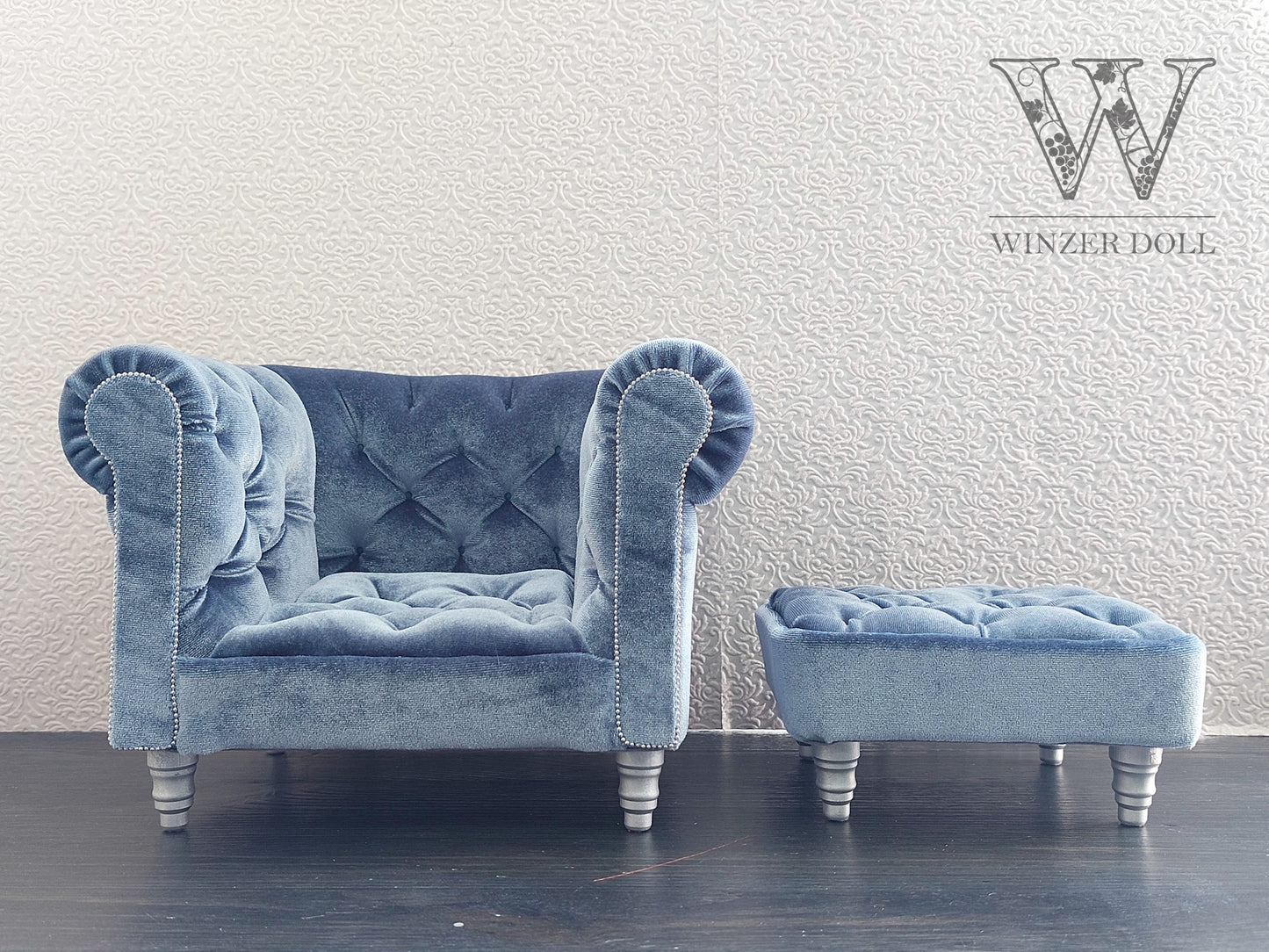 Chesterfield armchair with ottoman, blue gray velvet