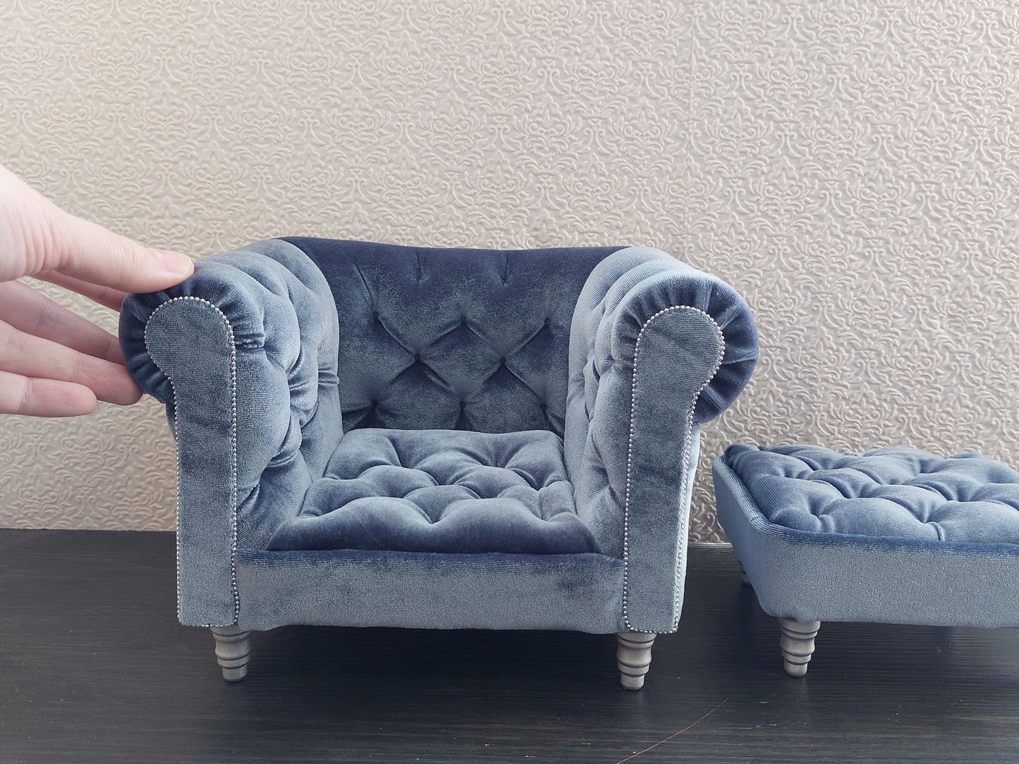 Chesterfield armchair with ottoman, blue gray velvet