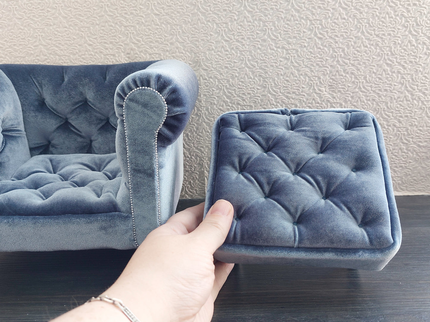 Chesterfield armchair with ottoman, blue gray velvet