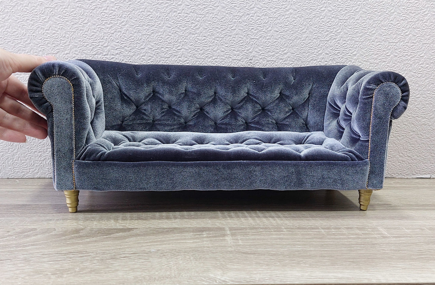 Chesterfield sofa for dolls, gray velvet