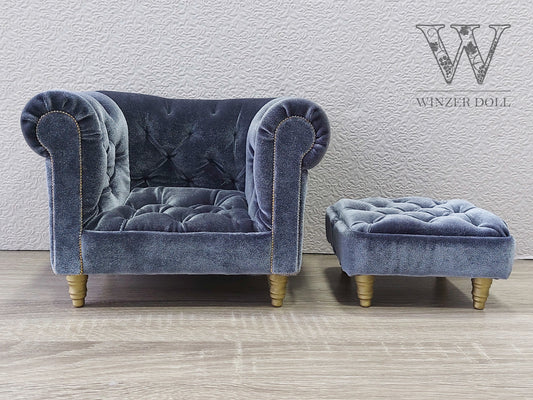 Chesterfield armchair with ottoman, gray velvet