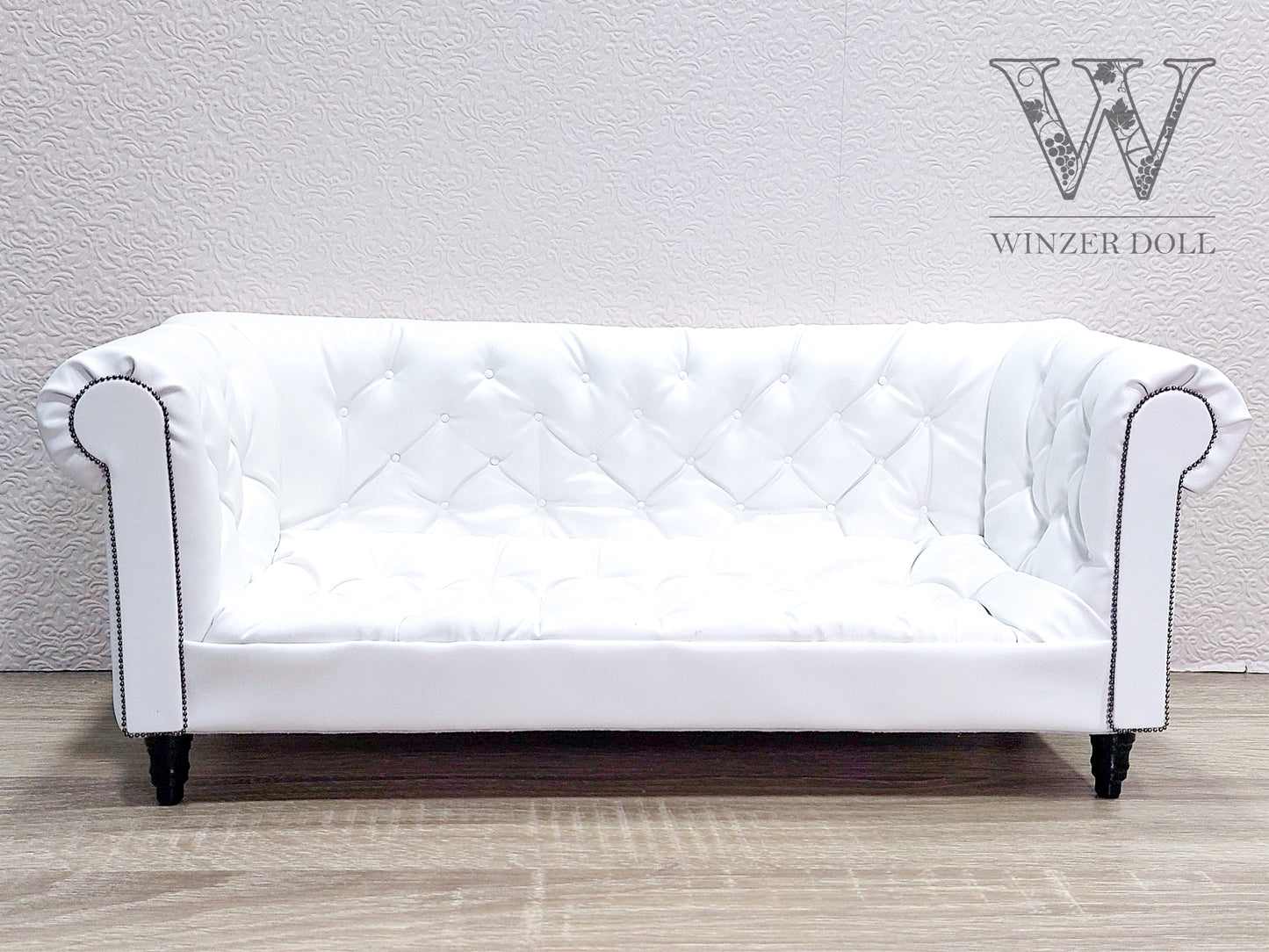 Chesterfield sofa for dolls, artificial leather, white