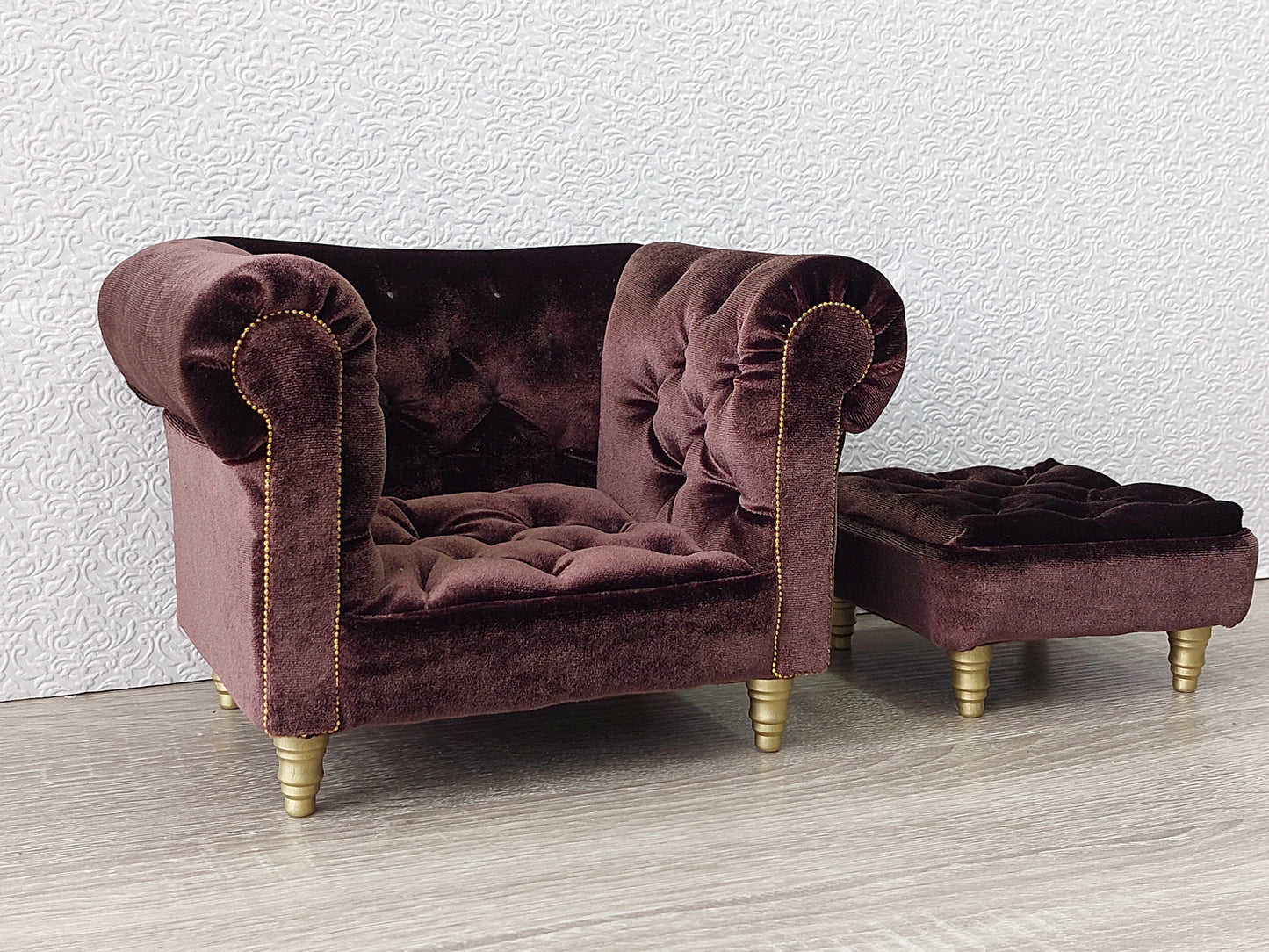 Chesterfield armchair with ottoman, brown velvet