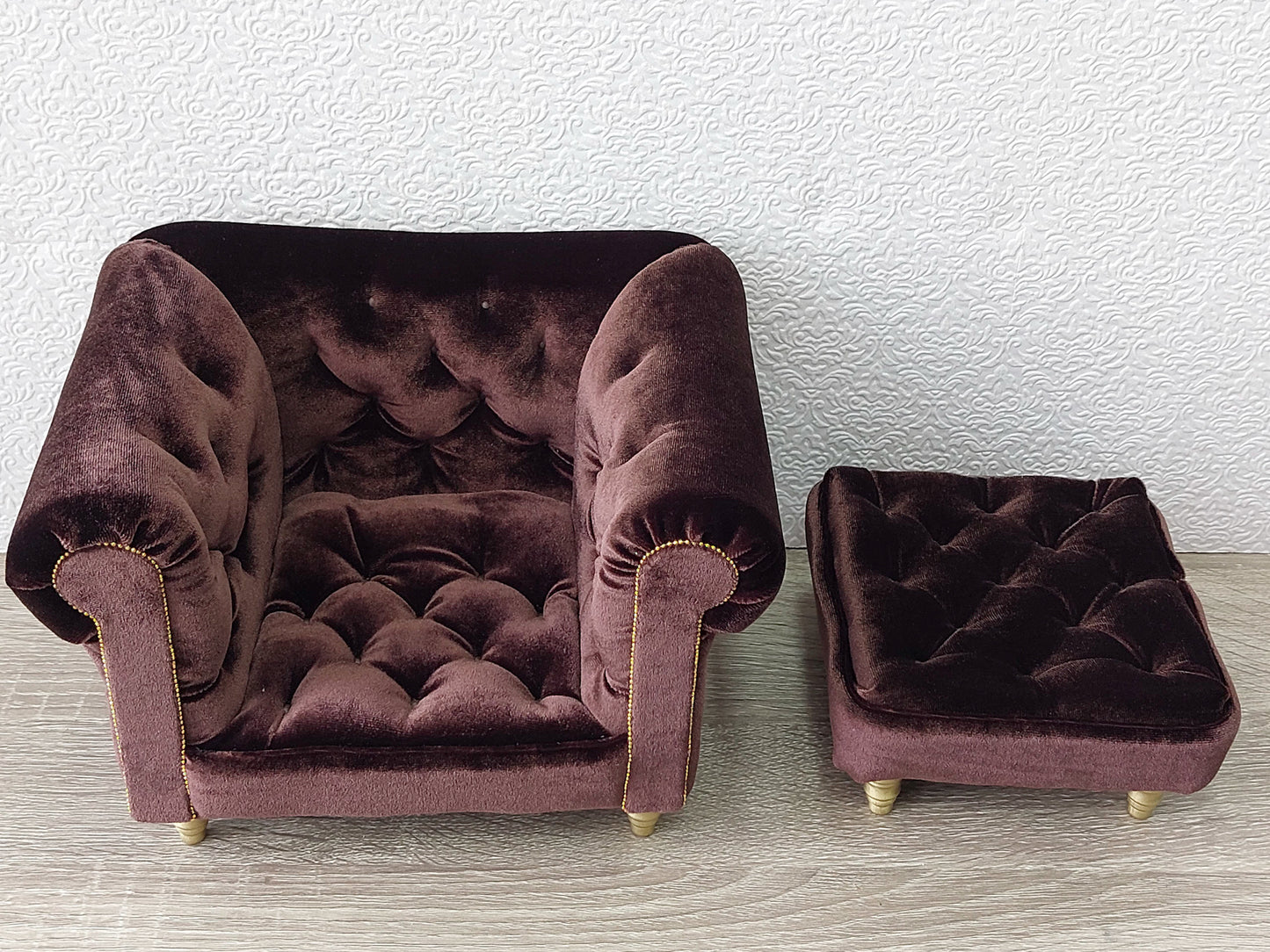 Chesterfield armchair with ottoman, brown velvet