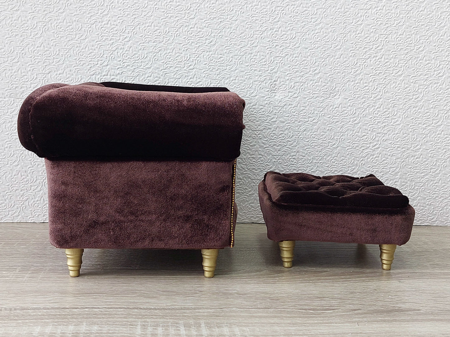 Chesterfield armchair with ottoman, brown velvet