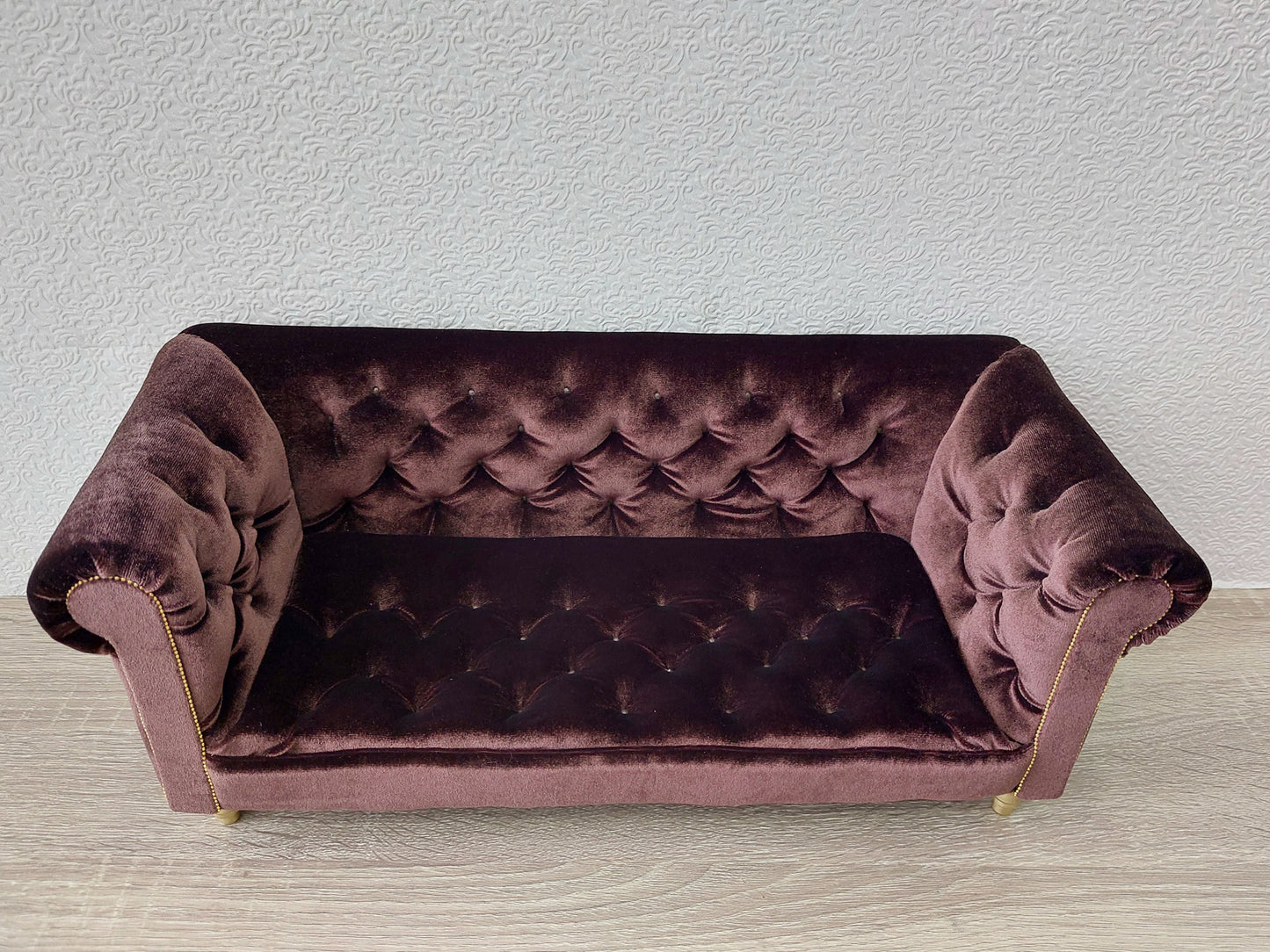 Chesterfield sofa for dolls, brown velvet