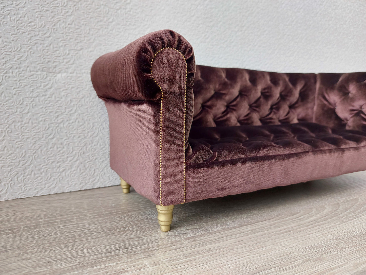 Chesterfield sofa for dolls, brown velvet