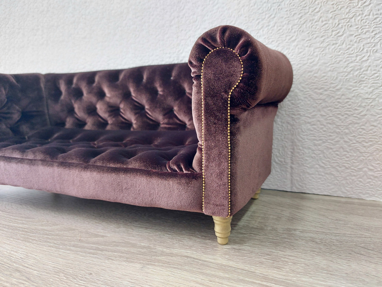 Chesterfield sofa for dolls, brown velvet