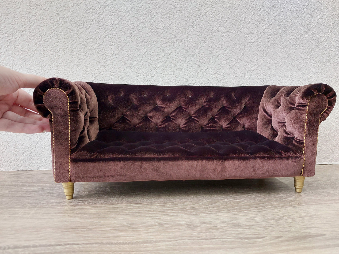 Chesterfield sofa for dolls, brown velvet
