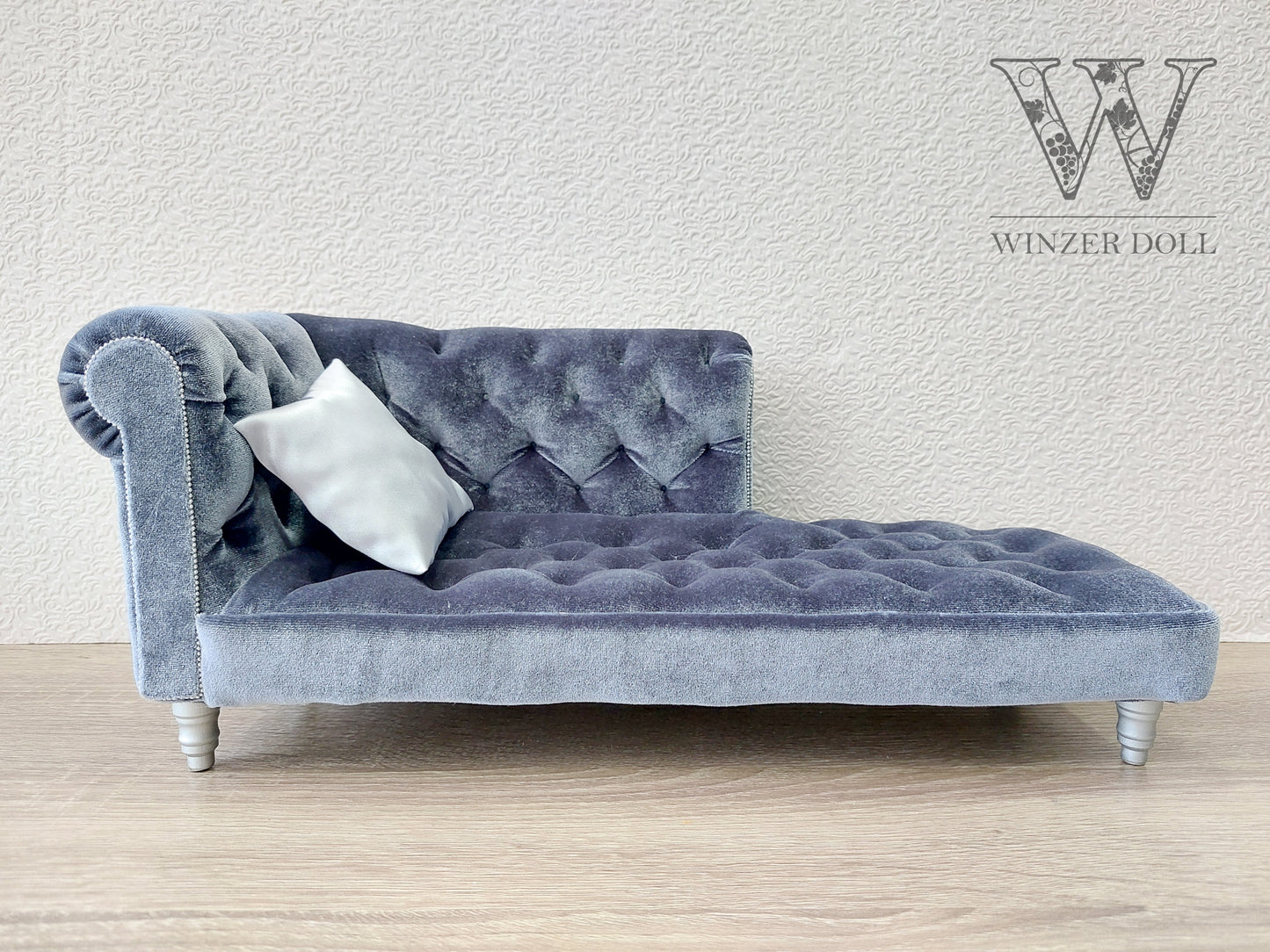 Chesterfield chaise lounge, blue gray velvet