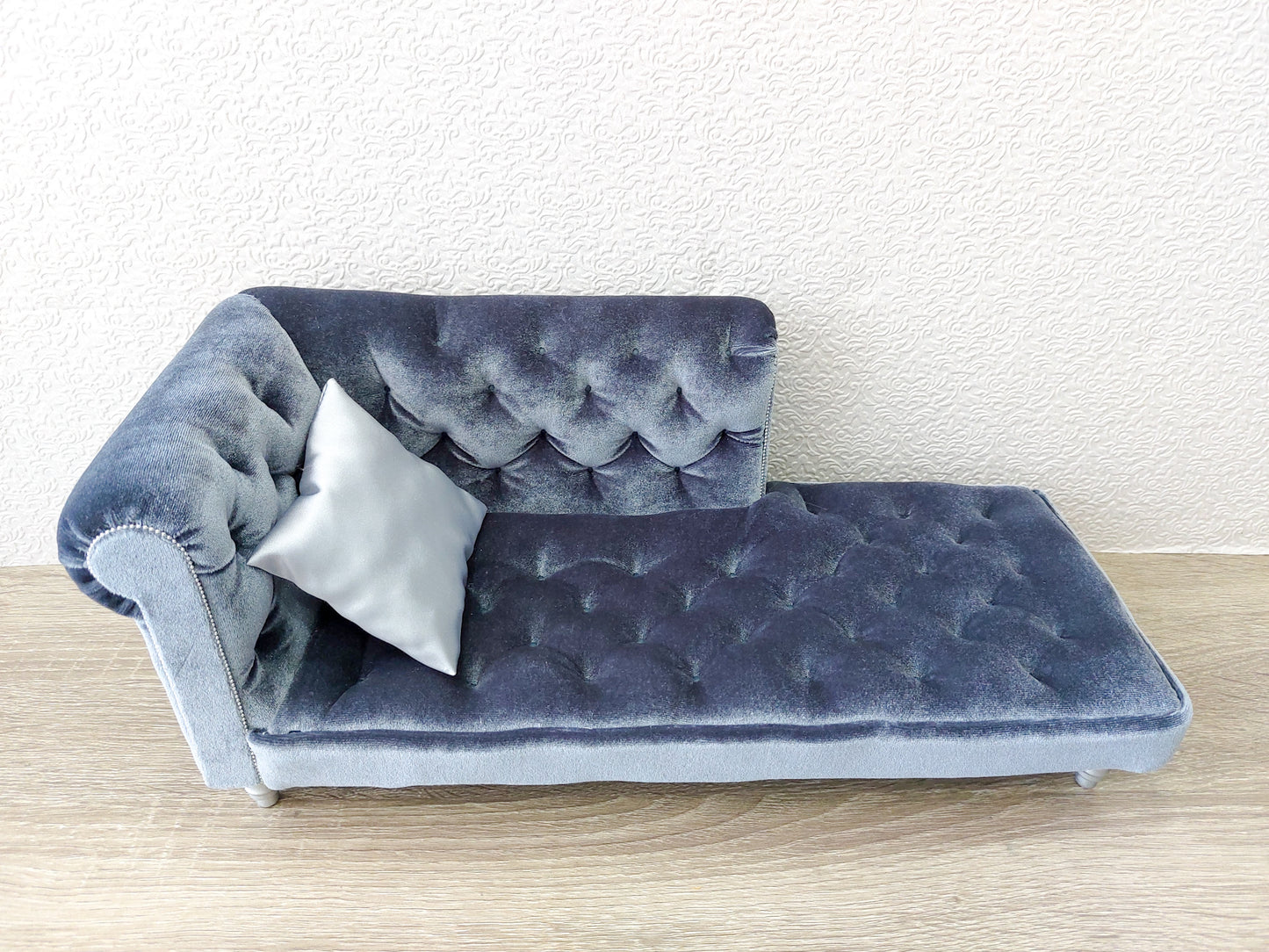 Chesterfield chaise lounge, blue gray velvet