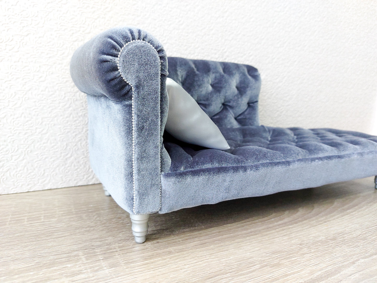 Chesterfield chaise lounge, blue gray velvet