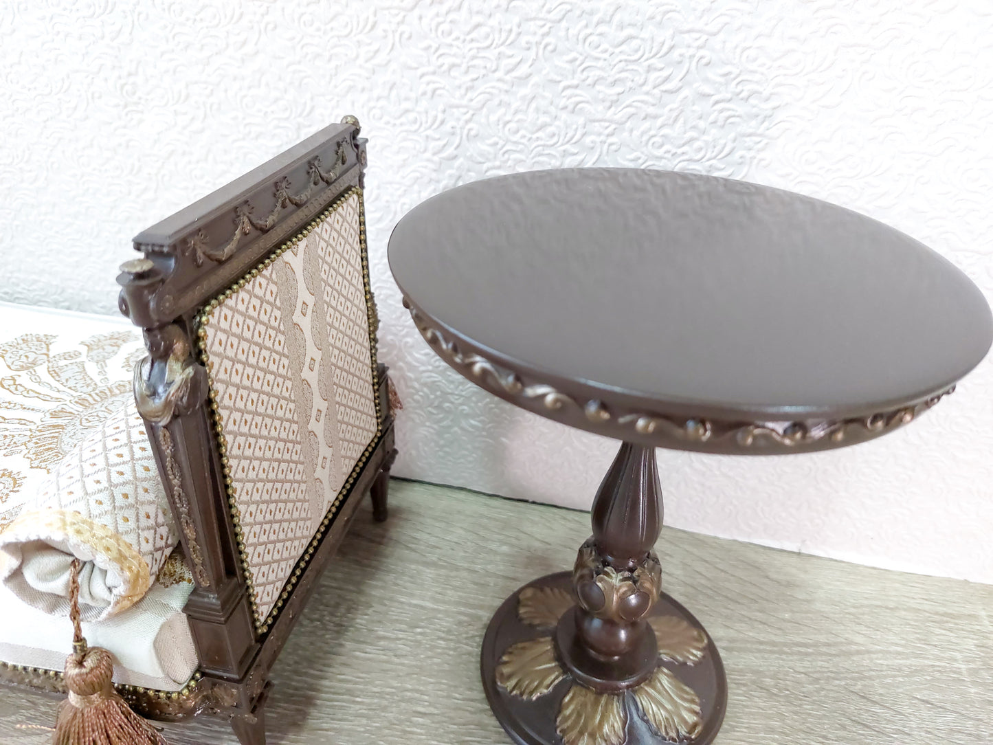 Reserved - French daybed, round table, brown & bronze