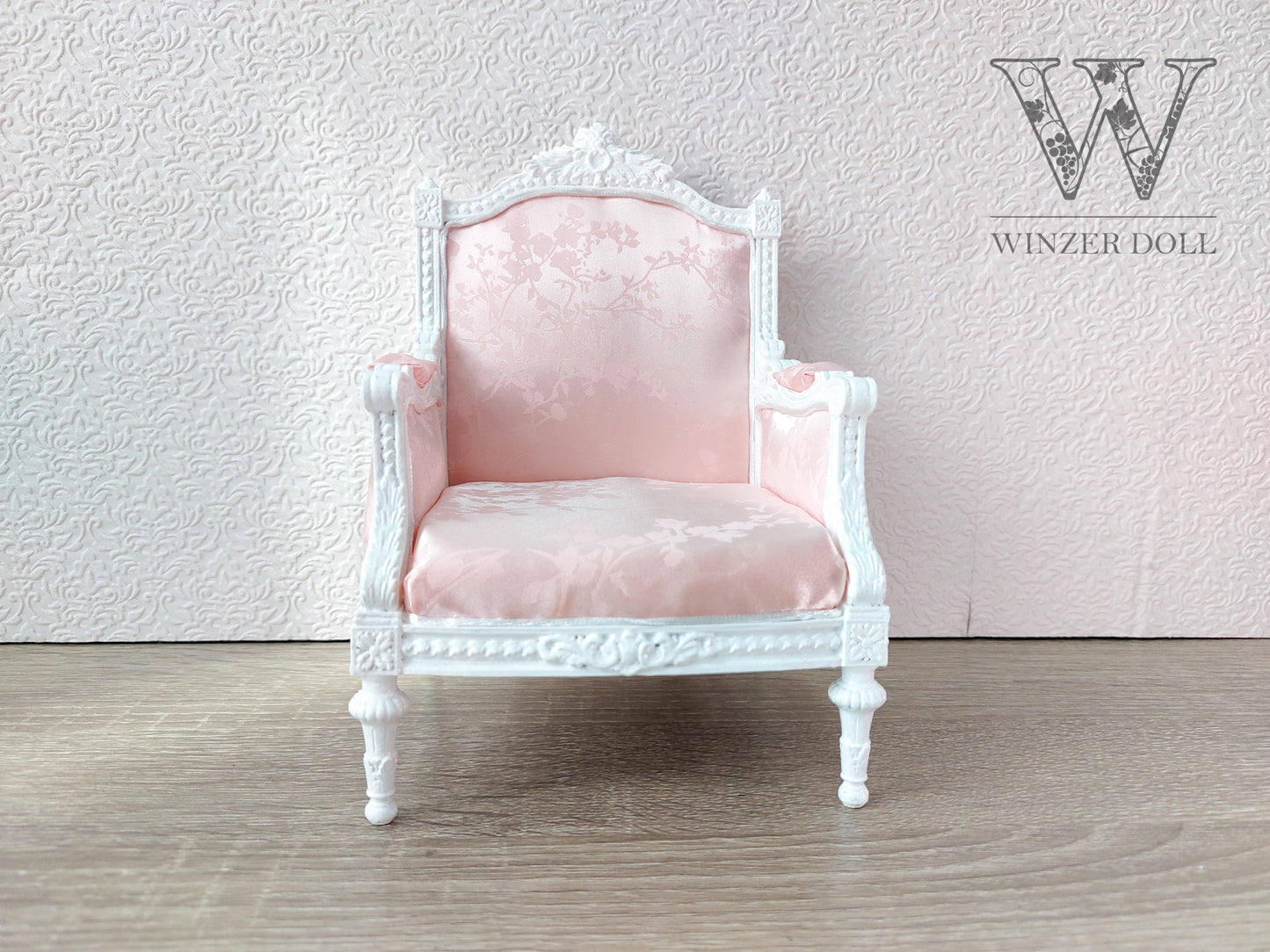 Classical armchair for dolls, Louis XVI style, white & pale pink