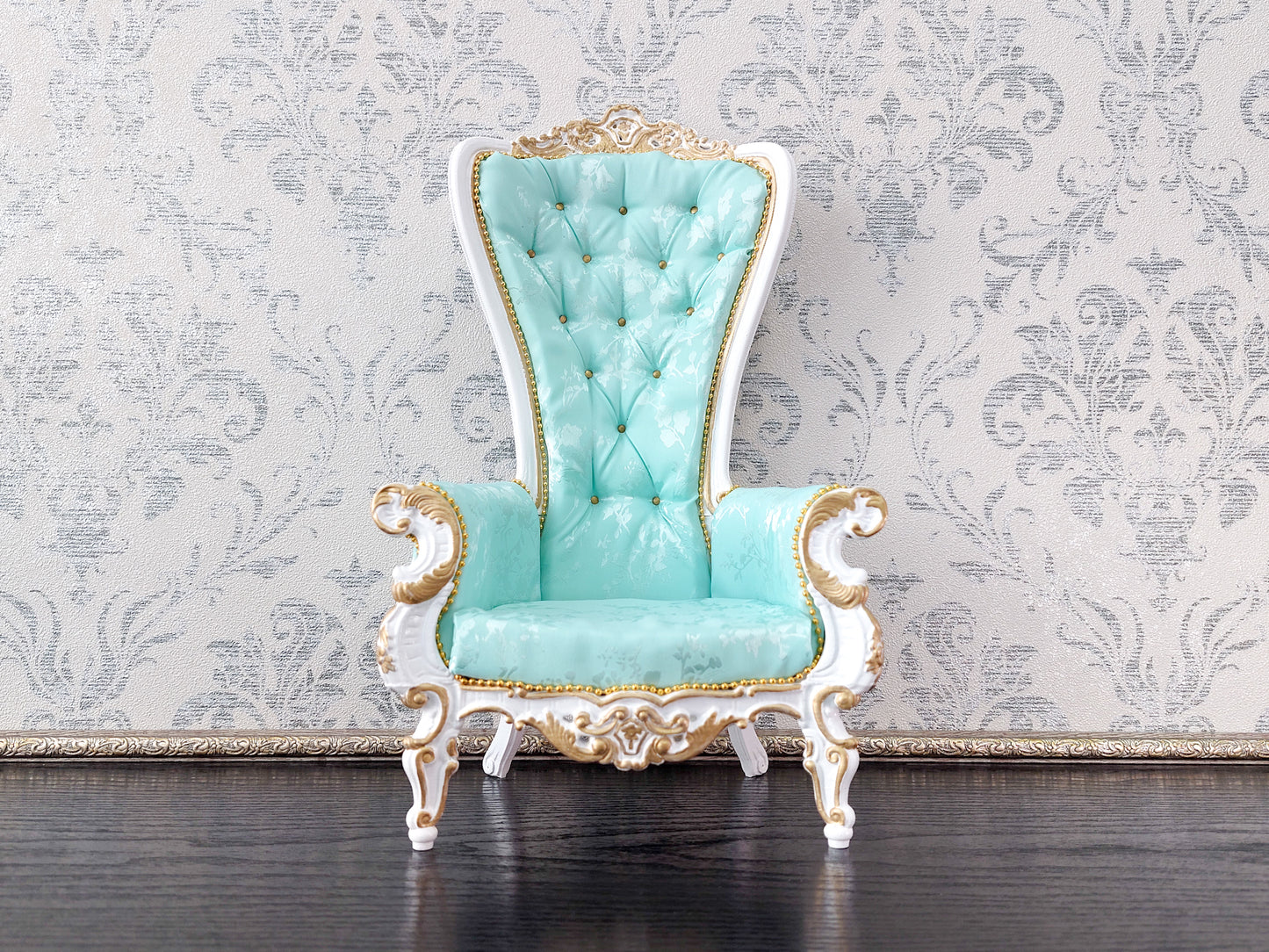 Baroque throne for dolls, white & mint