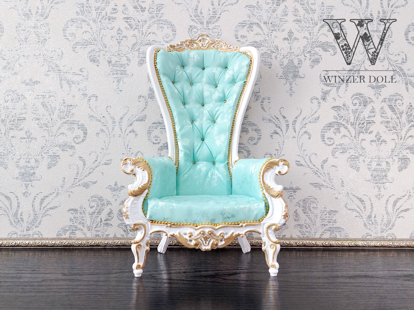 Baroque throne for dolls, white & mint