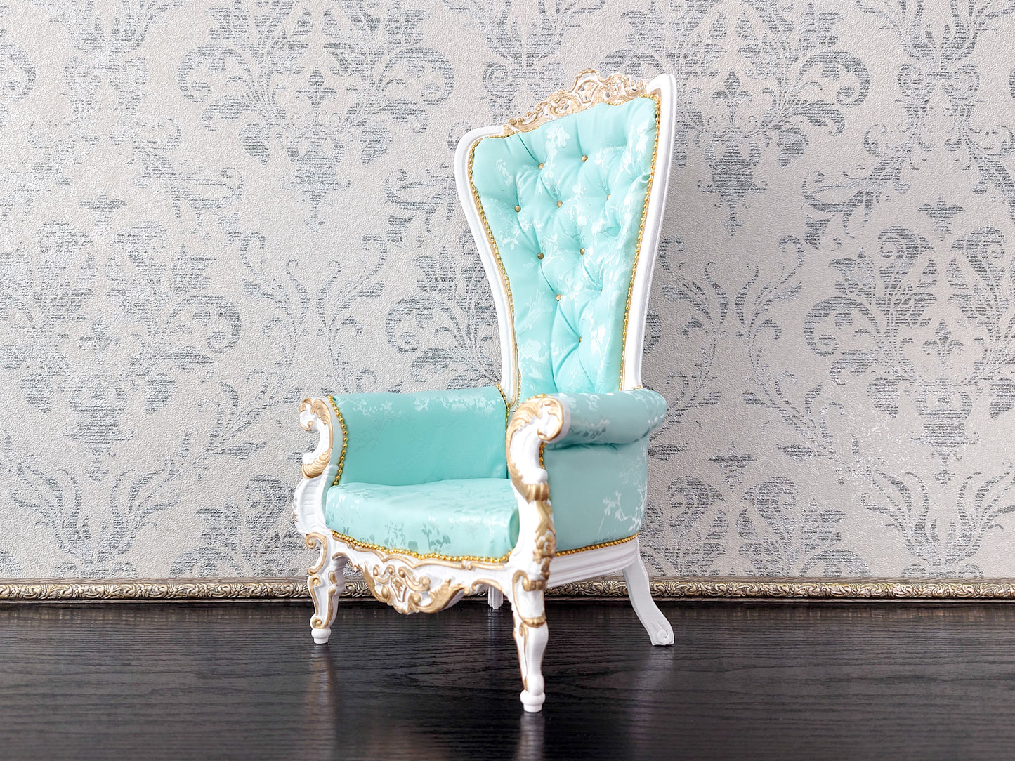 Baroque throne for dolls, white & mint