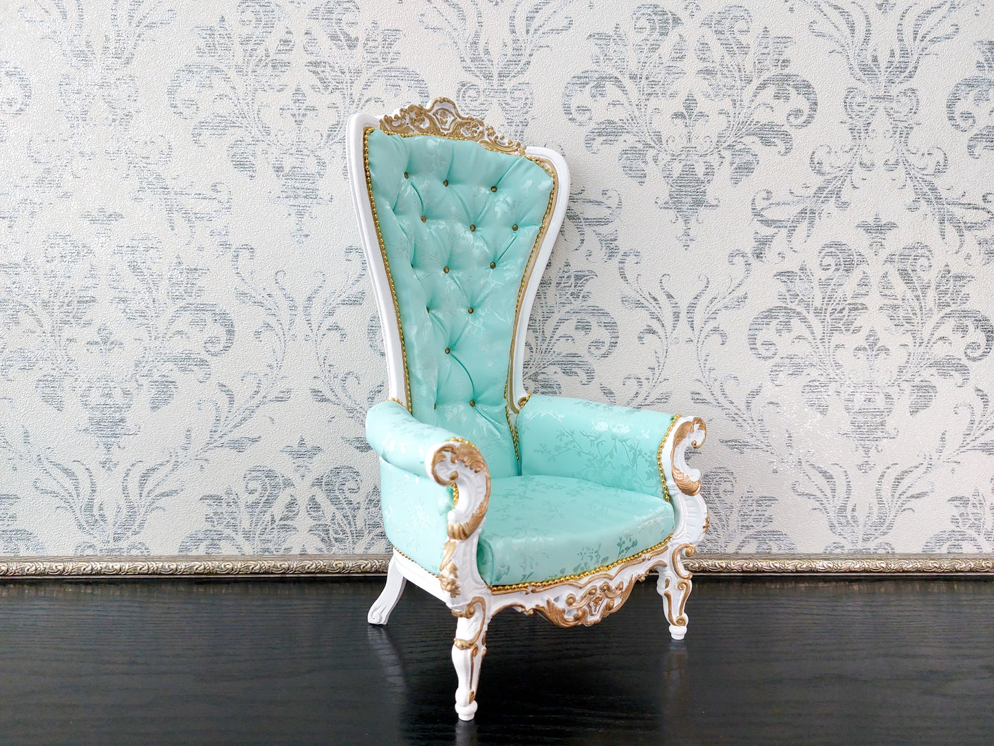 Baroque throne for dolls, white & mint