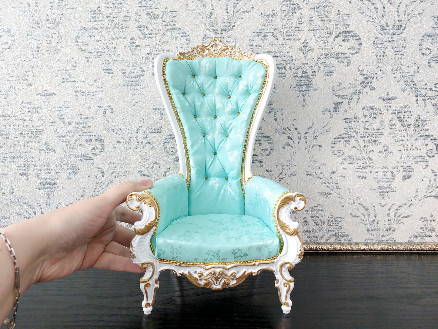 Baroque throne for dolls, white & mint