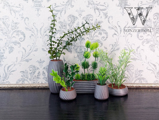 Miniature artificial plants in pots, set of 5 pcs, gray