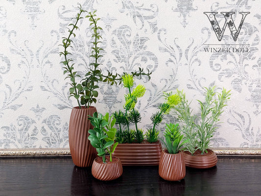 Miniature artificial plants in pots, set of 5 pcs, brown