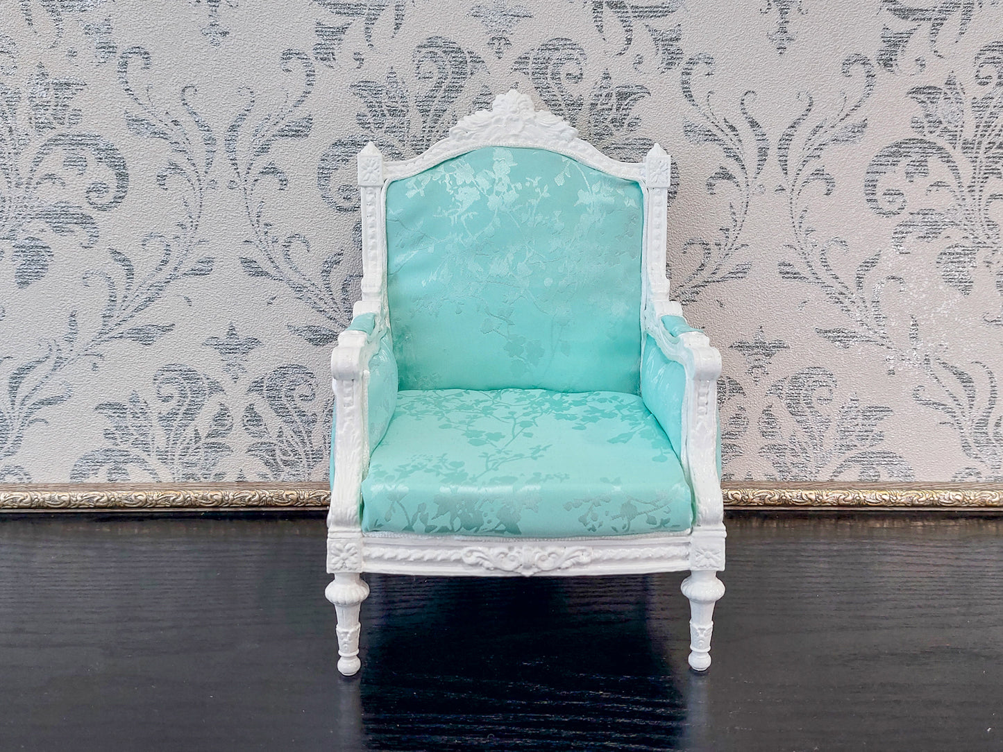 Classical armchair for dolls, Louis XVI style, white & mint