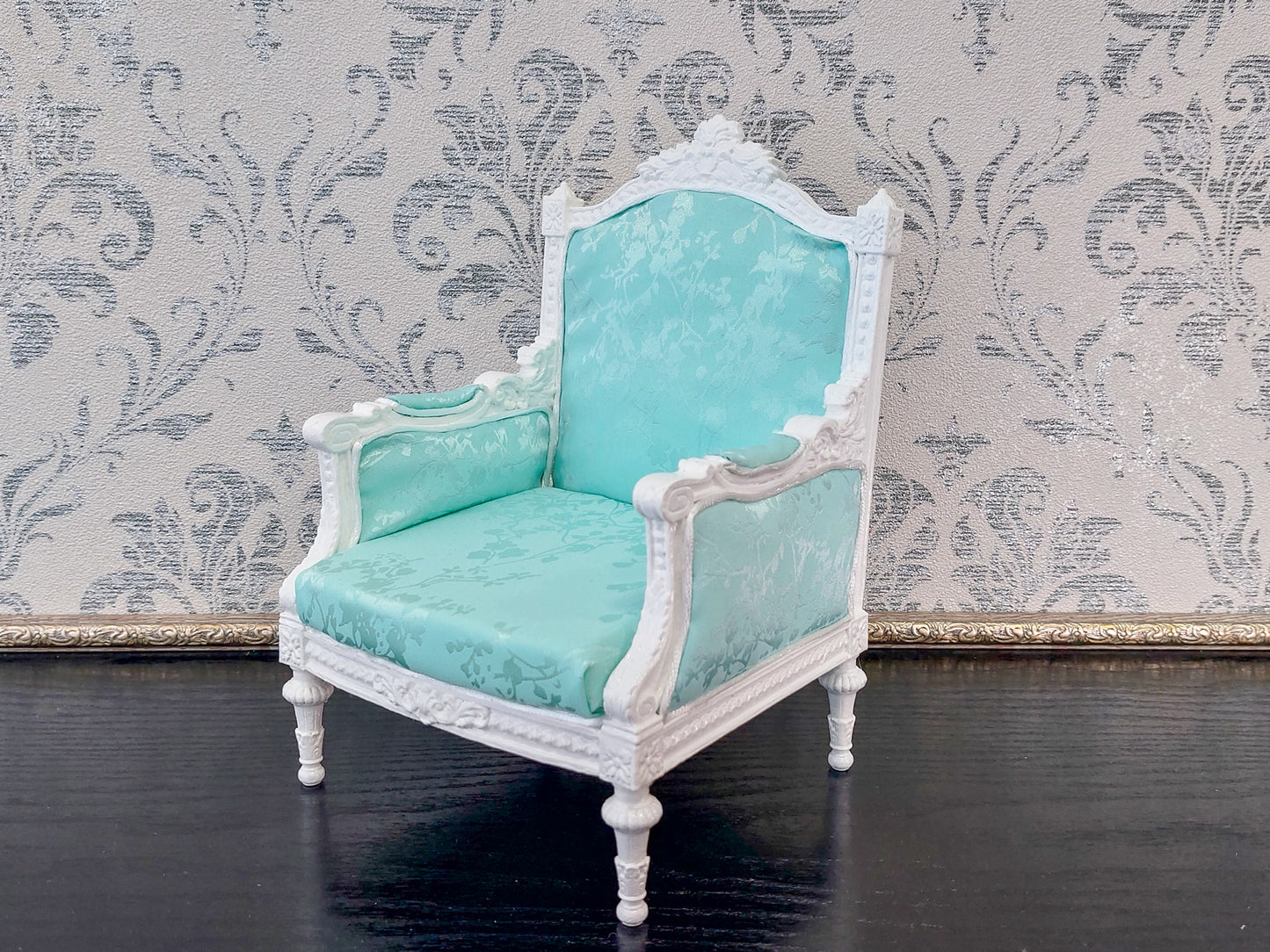 Classical armchair for dolls, Louis XVI style, white & mint