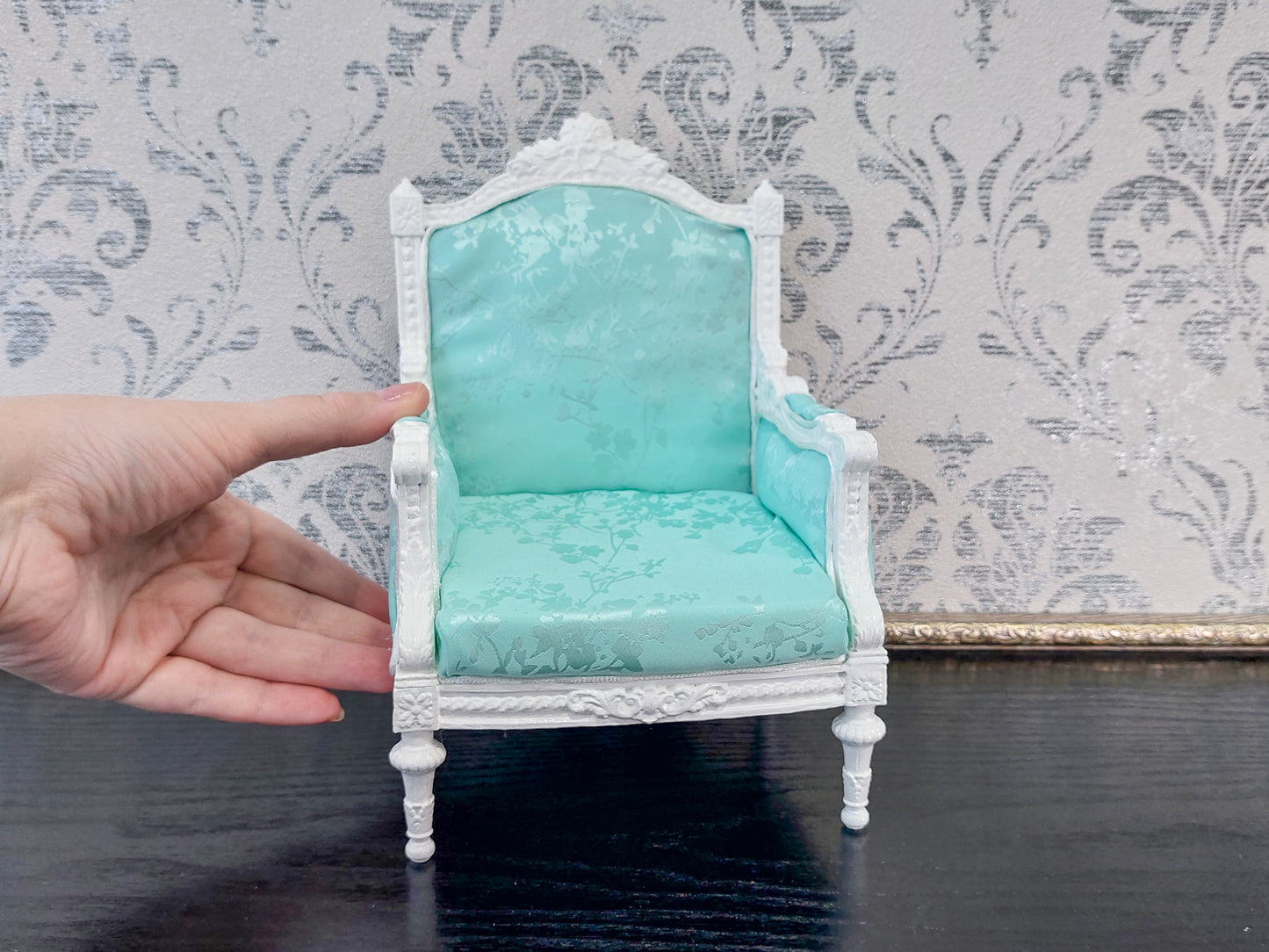 Classical armchair for dolls, Louis XVI style, white & mint