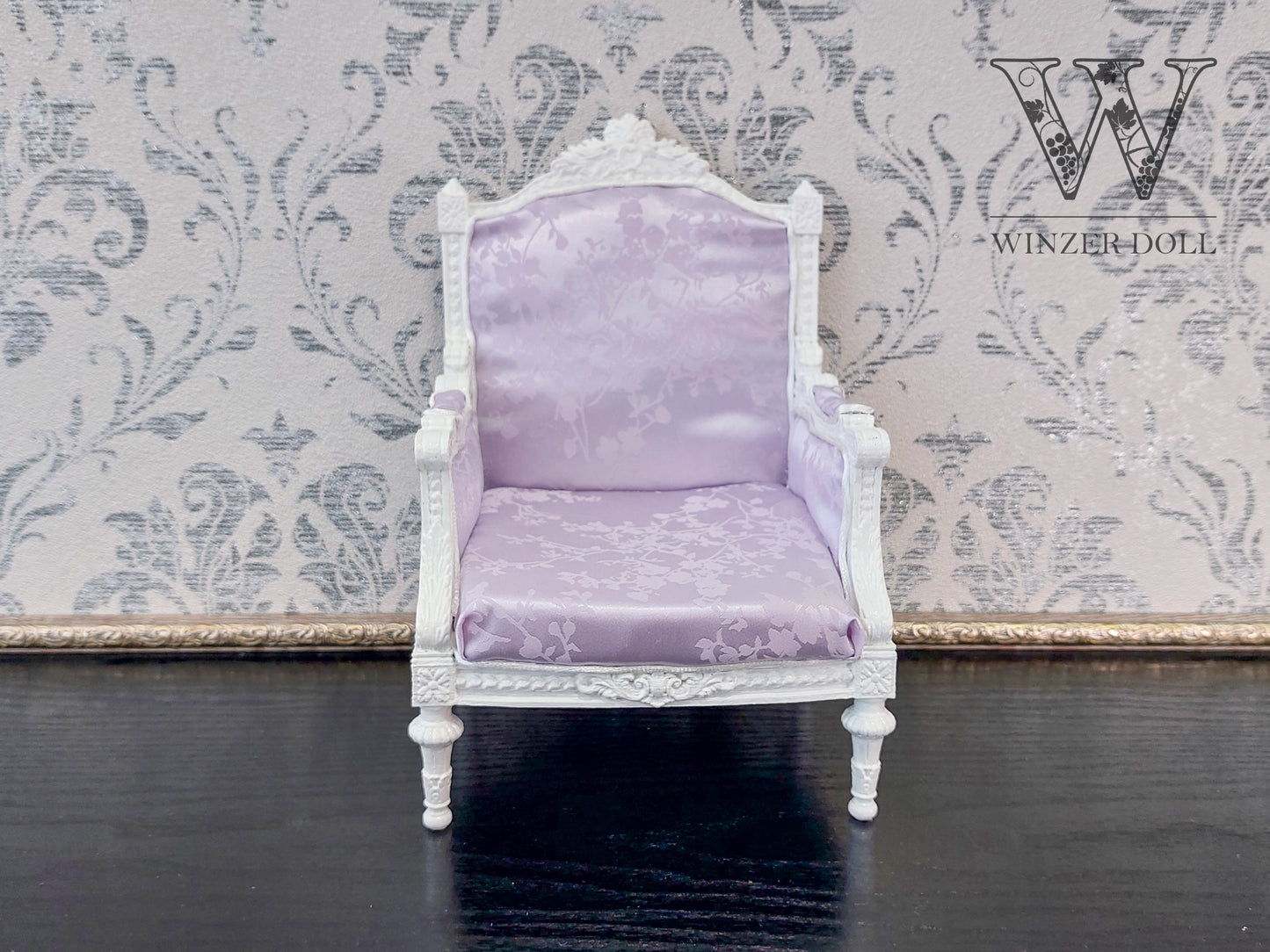 Classical armchair for dolls, Louis XVI style, white & pale purple