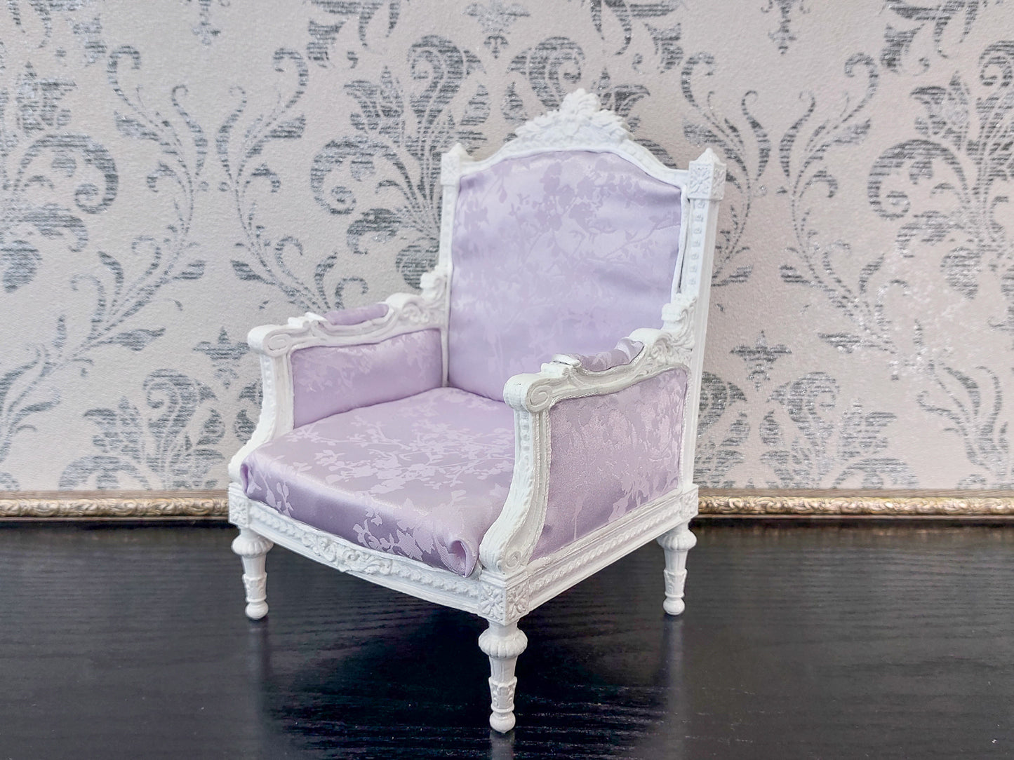 Classical armchair for dolls, Louis XVI style, white & pale purple