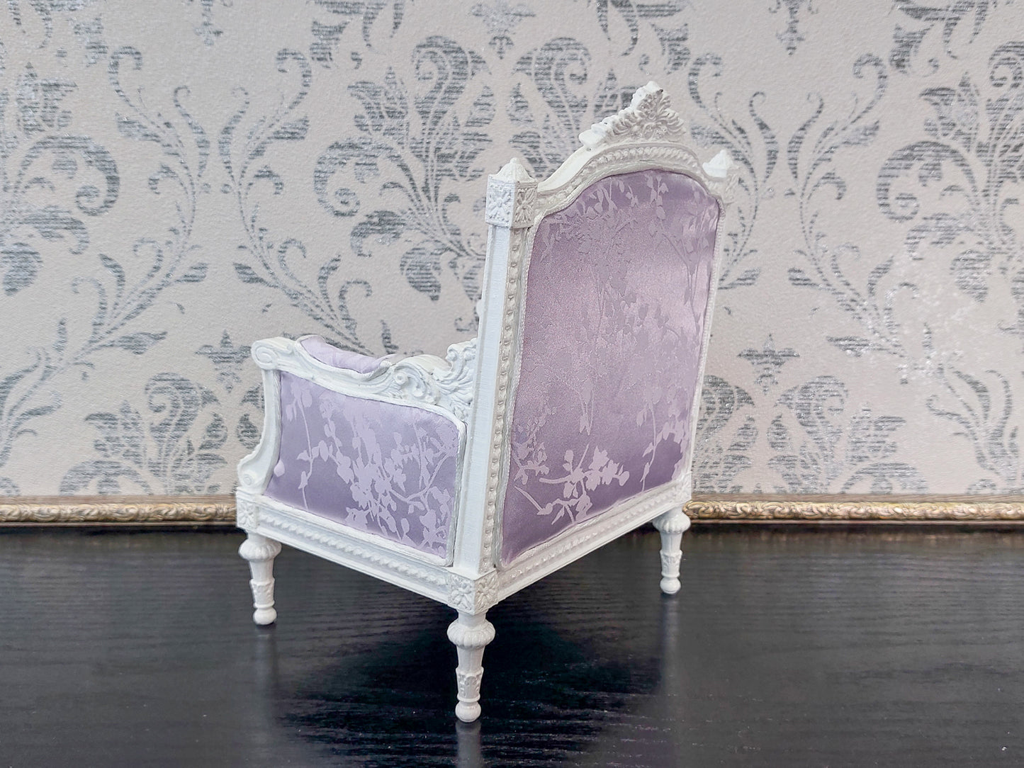 Classical armchair for dolls, Louis XVI style, white & pale purple