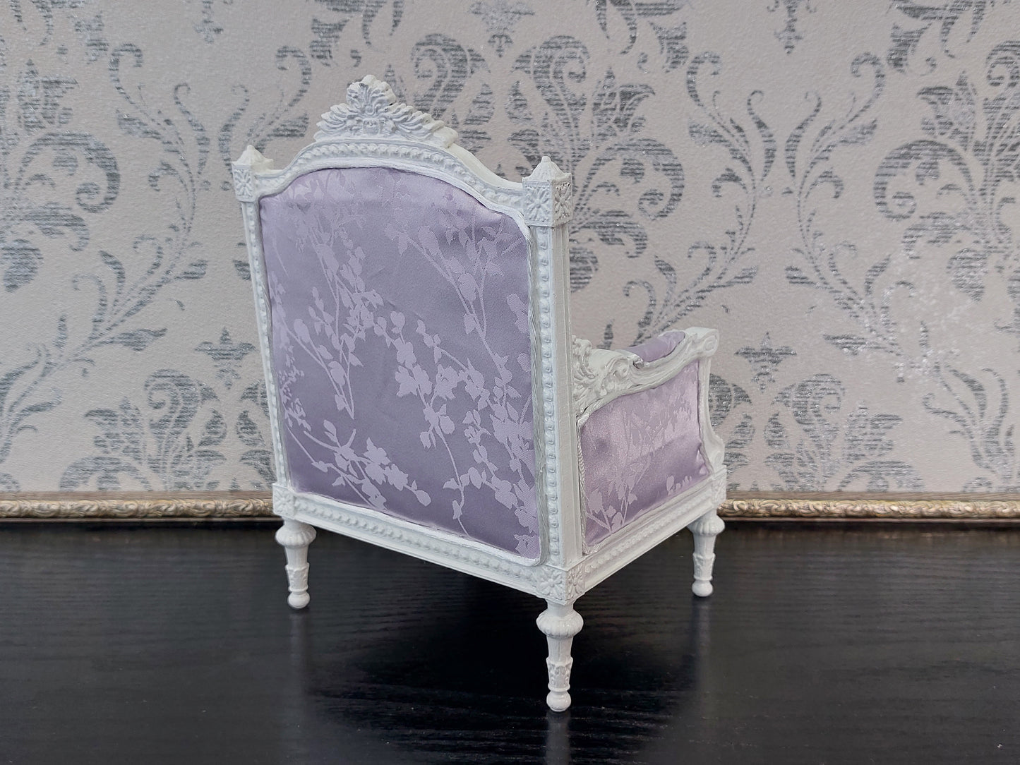 Classical armchair for dolls, Louis XVI style, white & pale purple