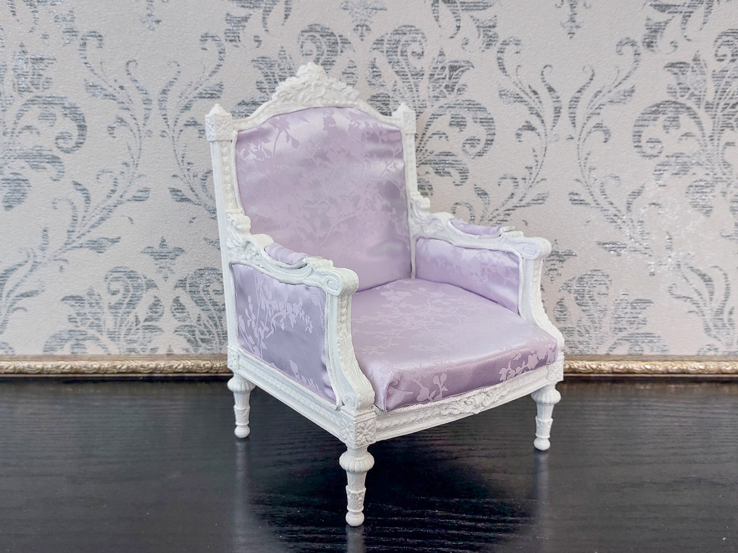 Classical armchair for dolls, Louis XVI style, white & pale purple