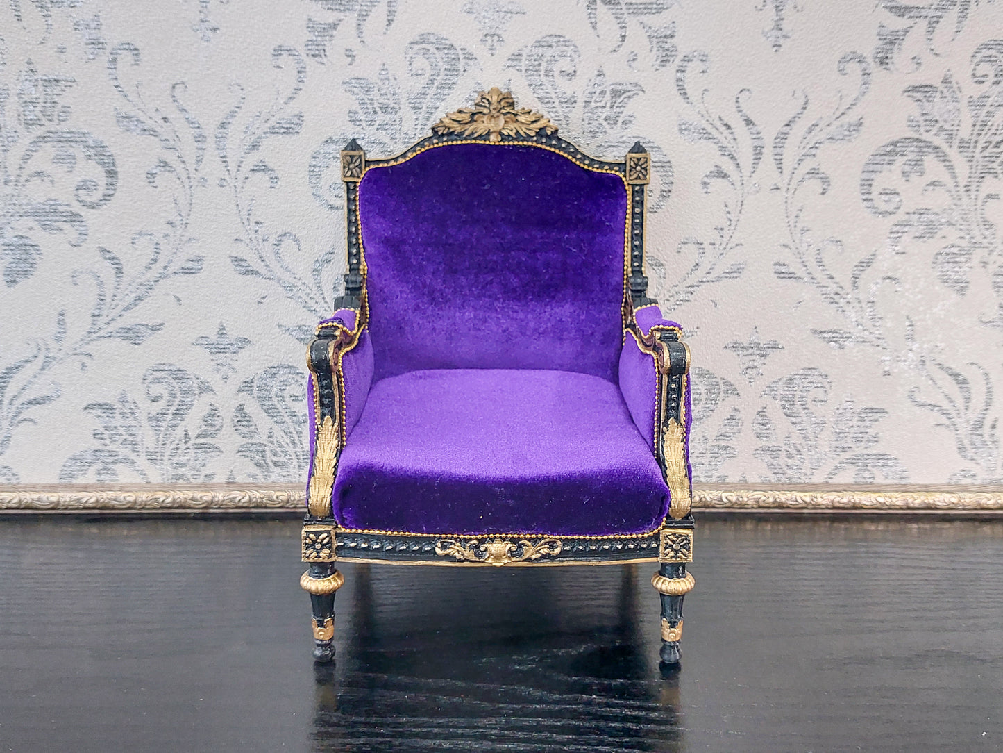 Classical armchair for dolls, Louis XVI style, black & purple