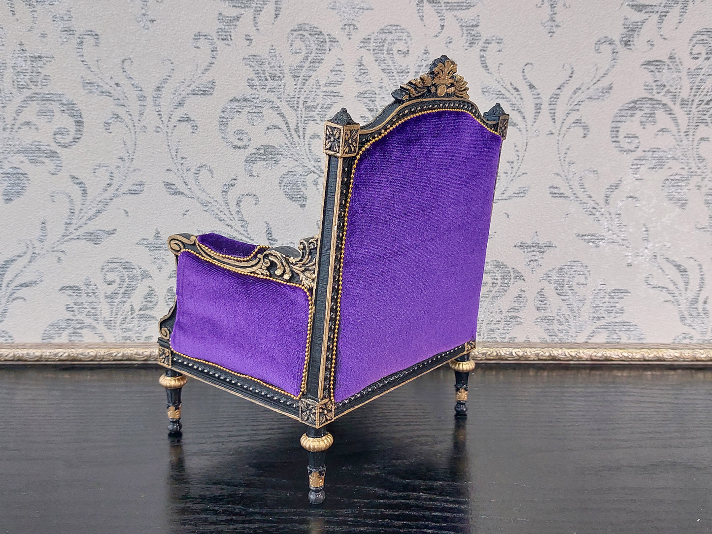 Classical armchair for dolls, Louis XVI style, black & purple
