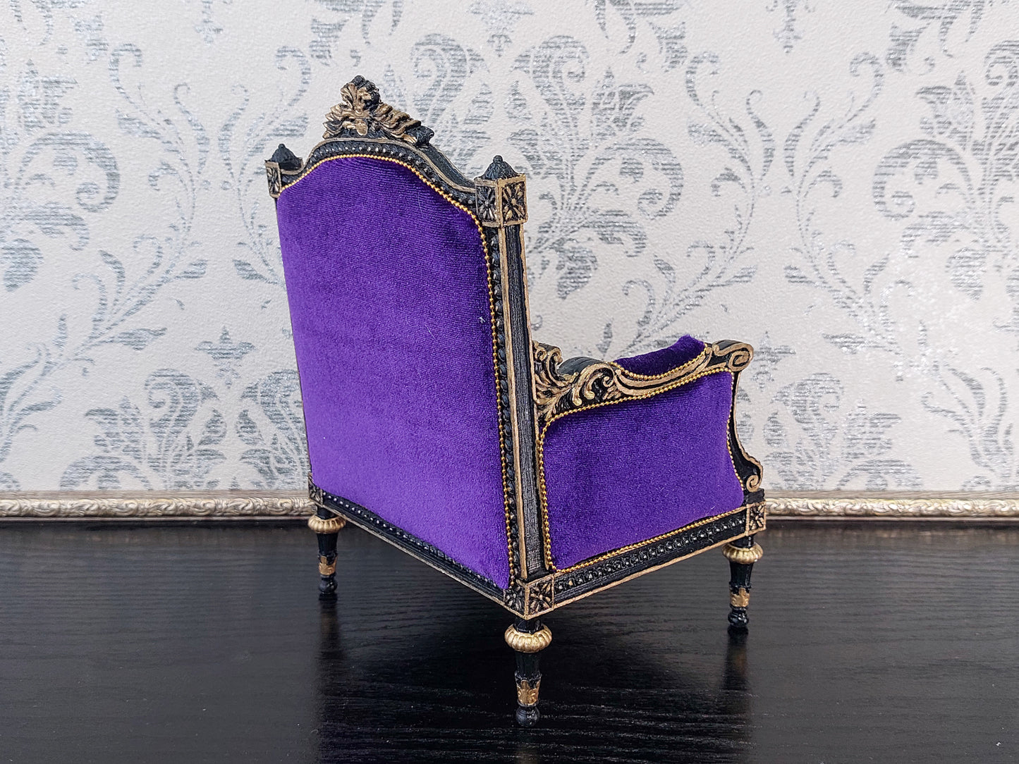 Classical armchair for dolls, Louis XVI style, black & purple