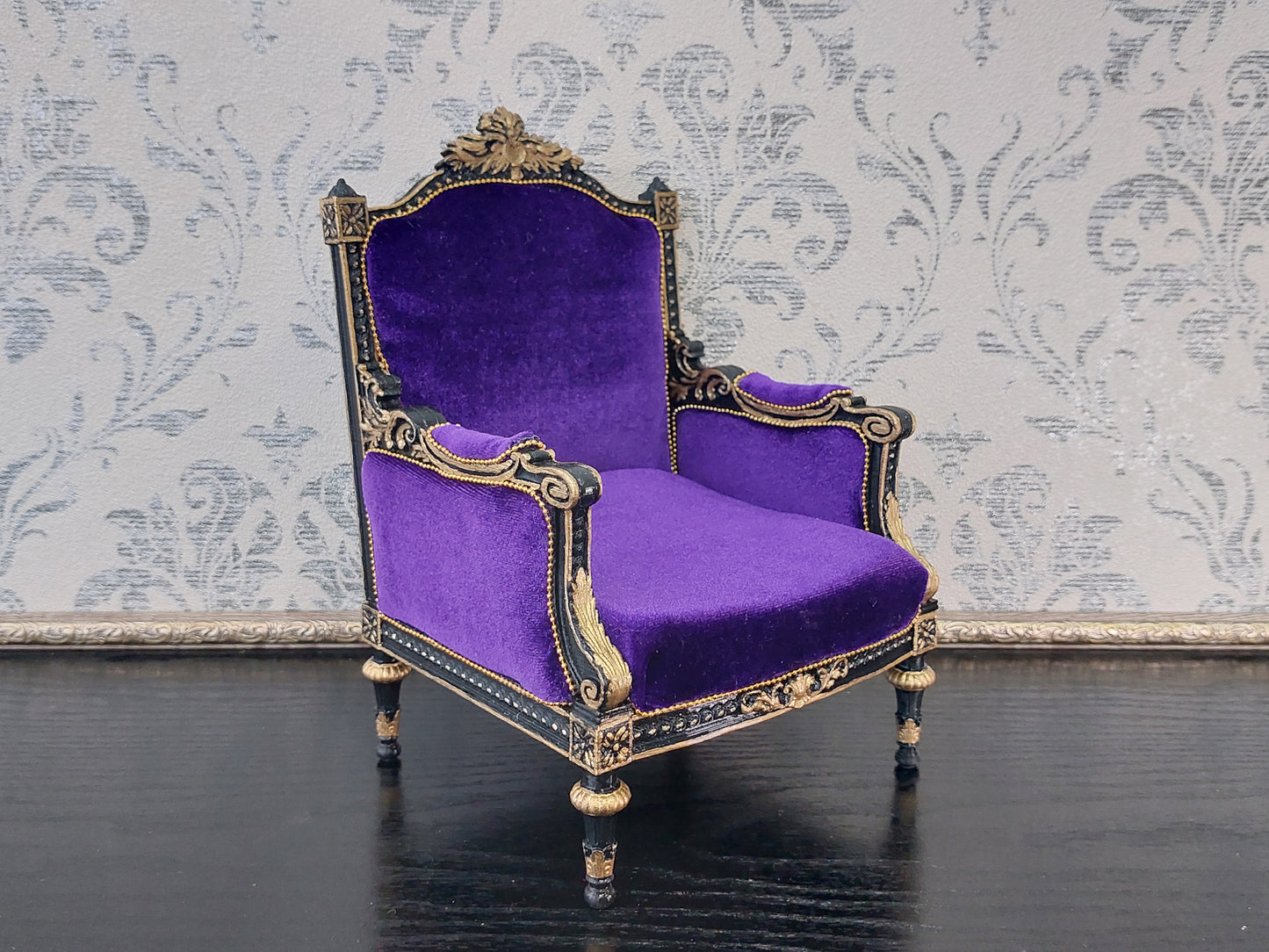 Classical armchair for dolls, Louis XVI style, black & purple