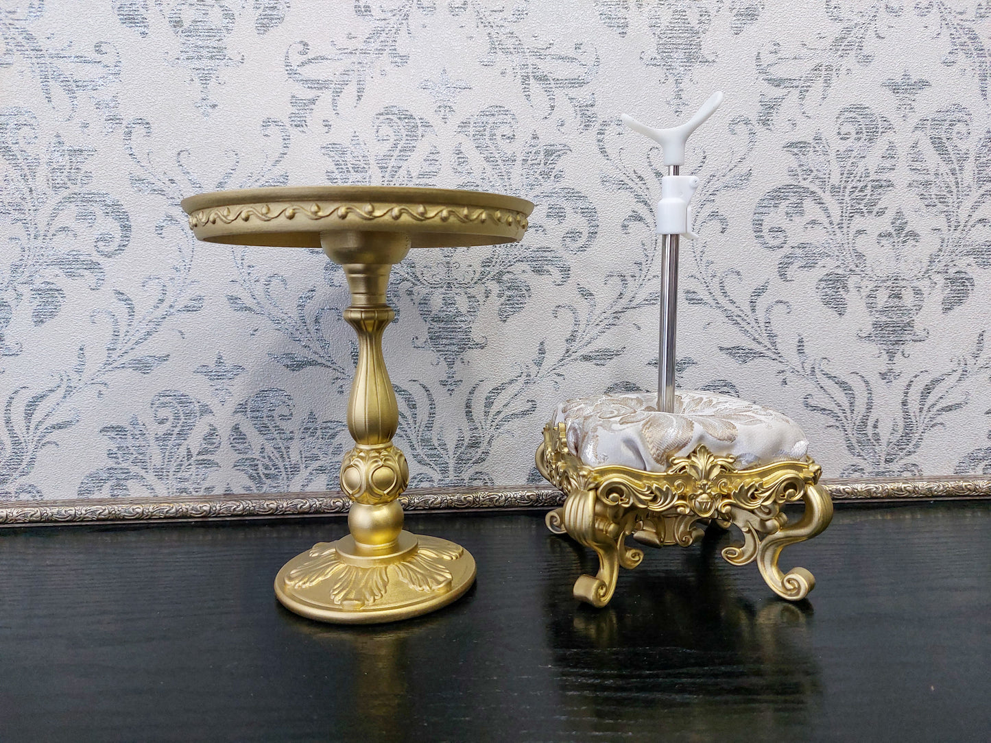 Reserved - Throne, sofa Wave, round table, doll posing stand, gold & beige