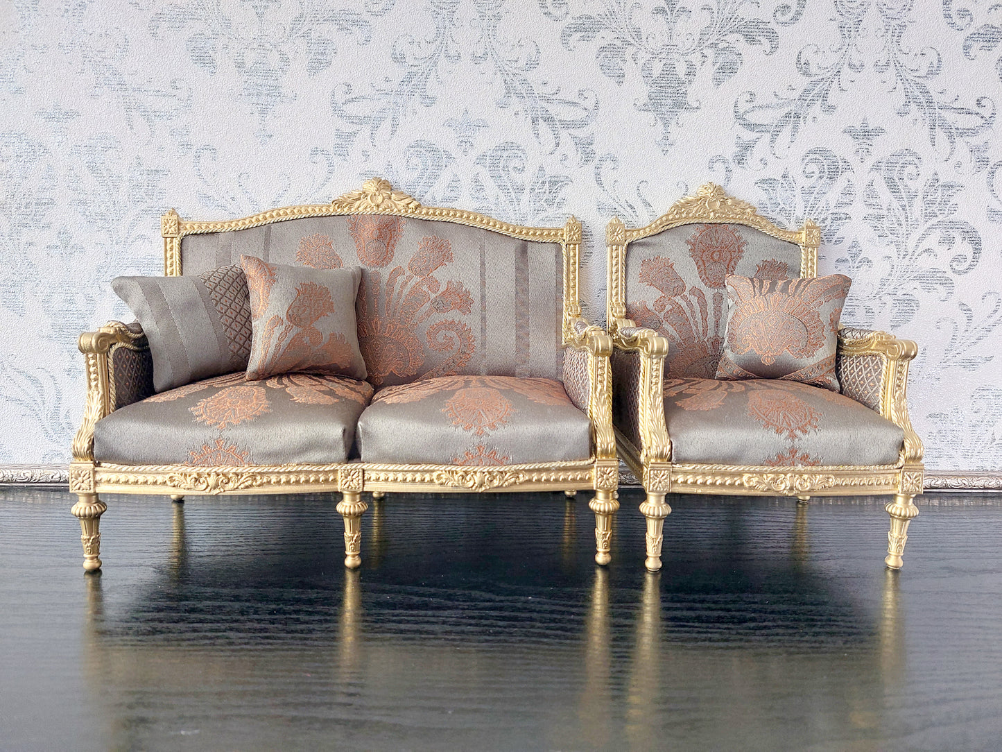 Classical sofa and armchair for dolls, Louis XVI style, gold & green