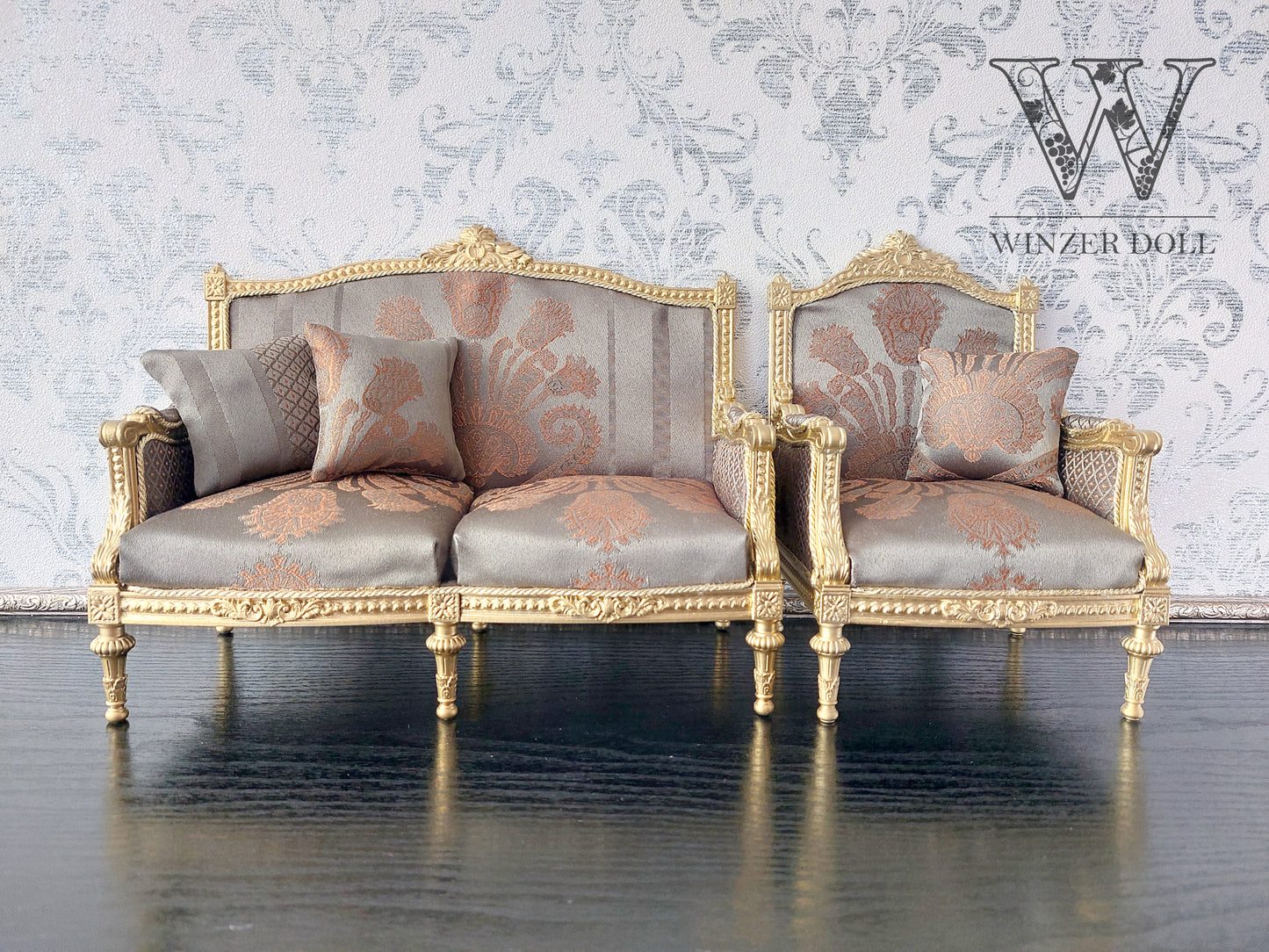 Classical sofa and armchair for dolls, Louis XVI style, gold & green