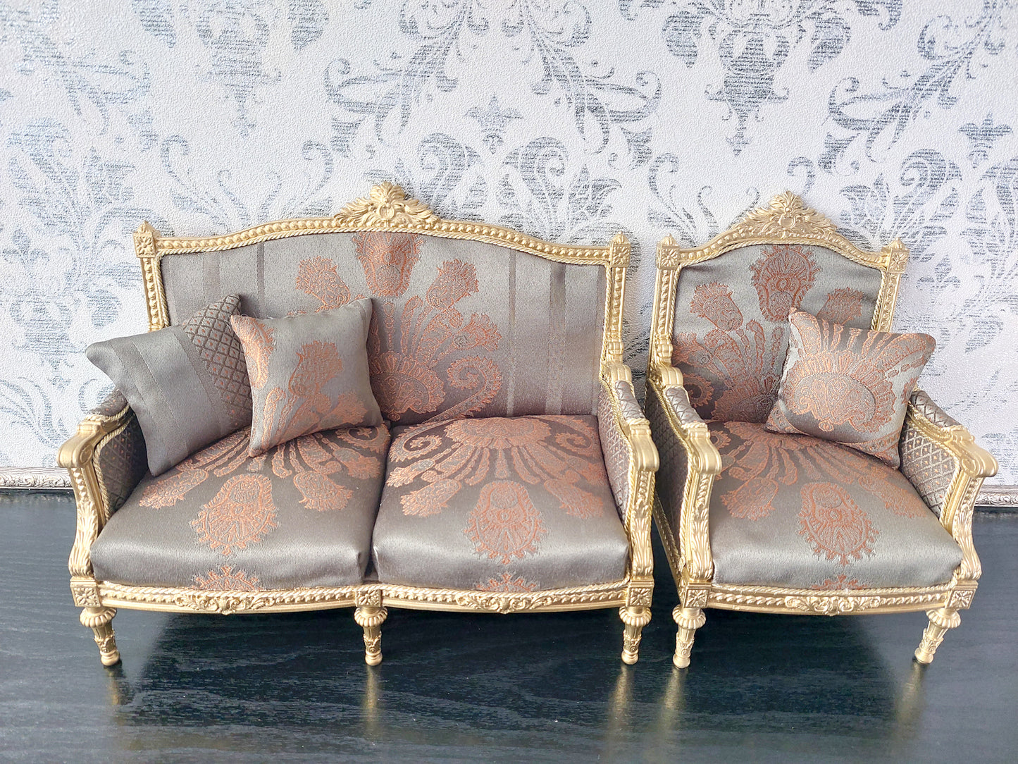 Classical sofa and armchair for dolls, Louis XVI style, gold & green