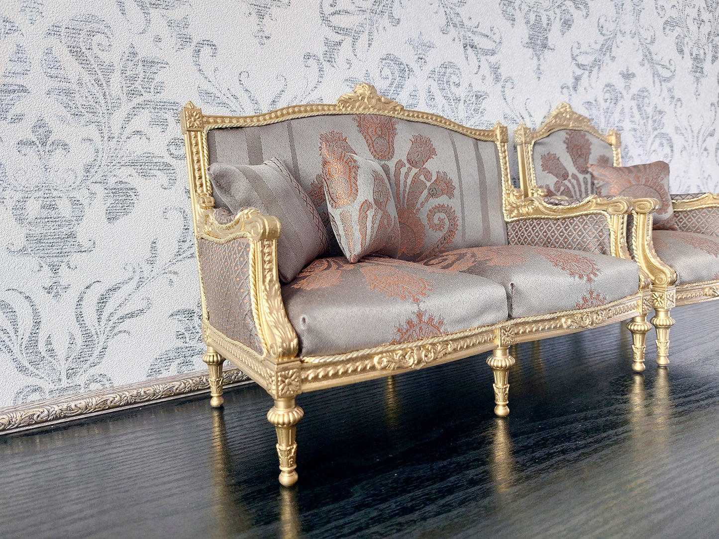 Classical sofa and armchair for dolls, Louis XVI style, gold & green