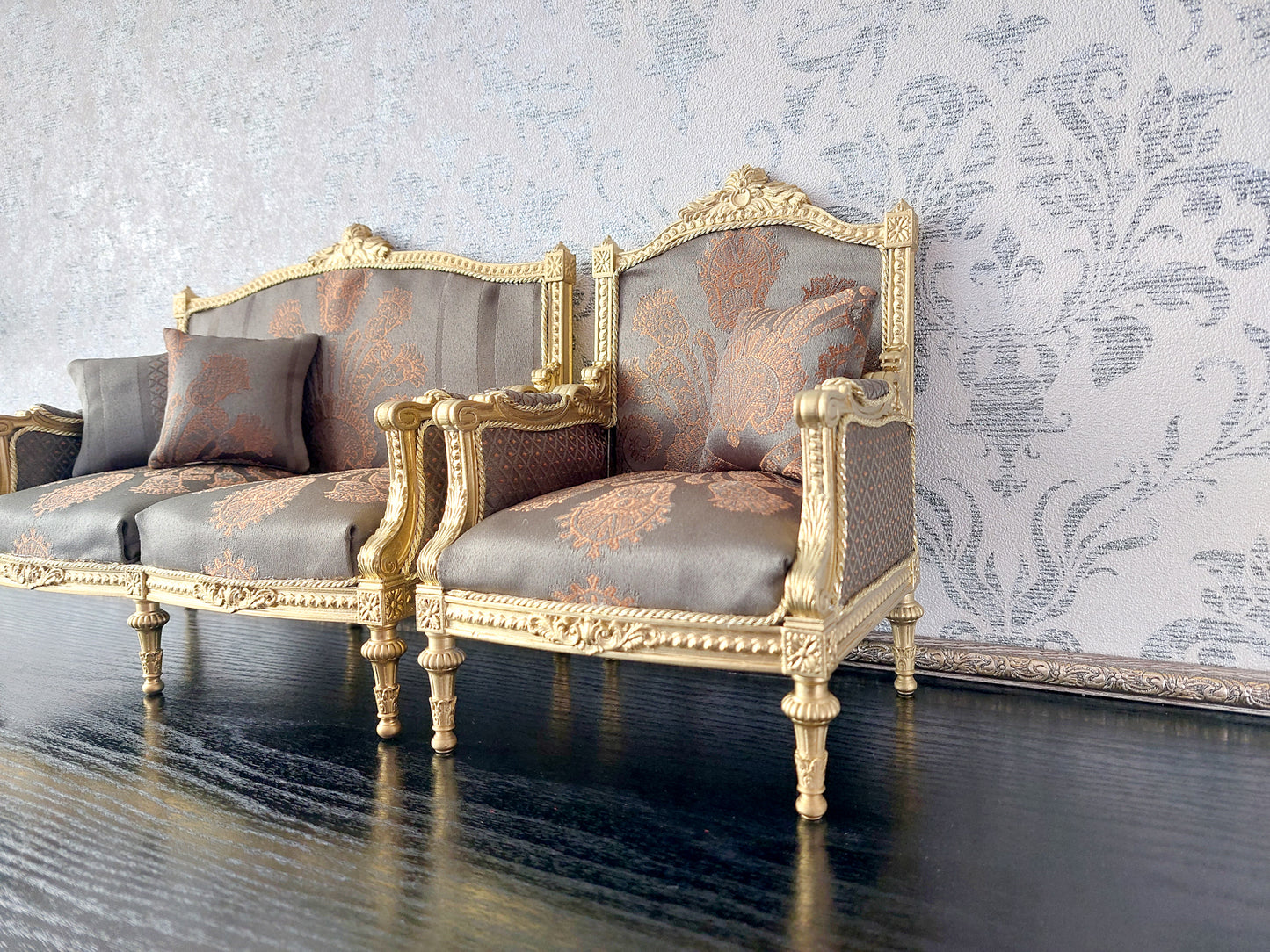 Classical sofa and armchair for dolls, Louis XVI style, gold & green