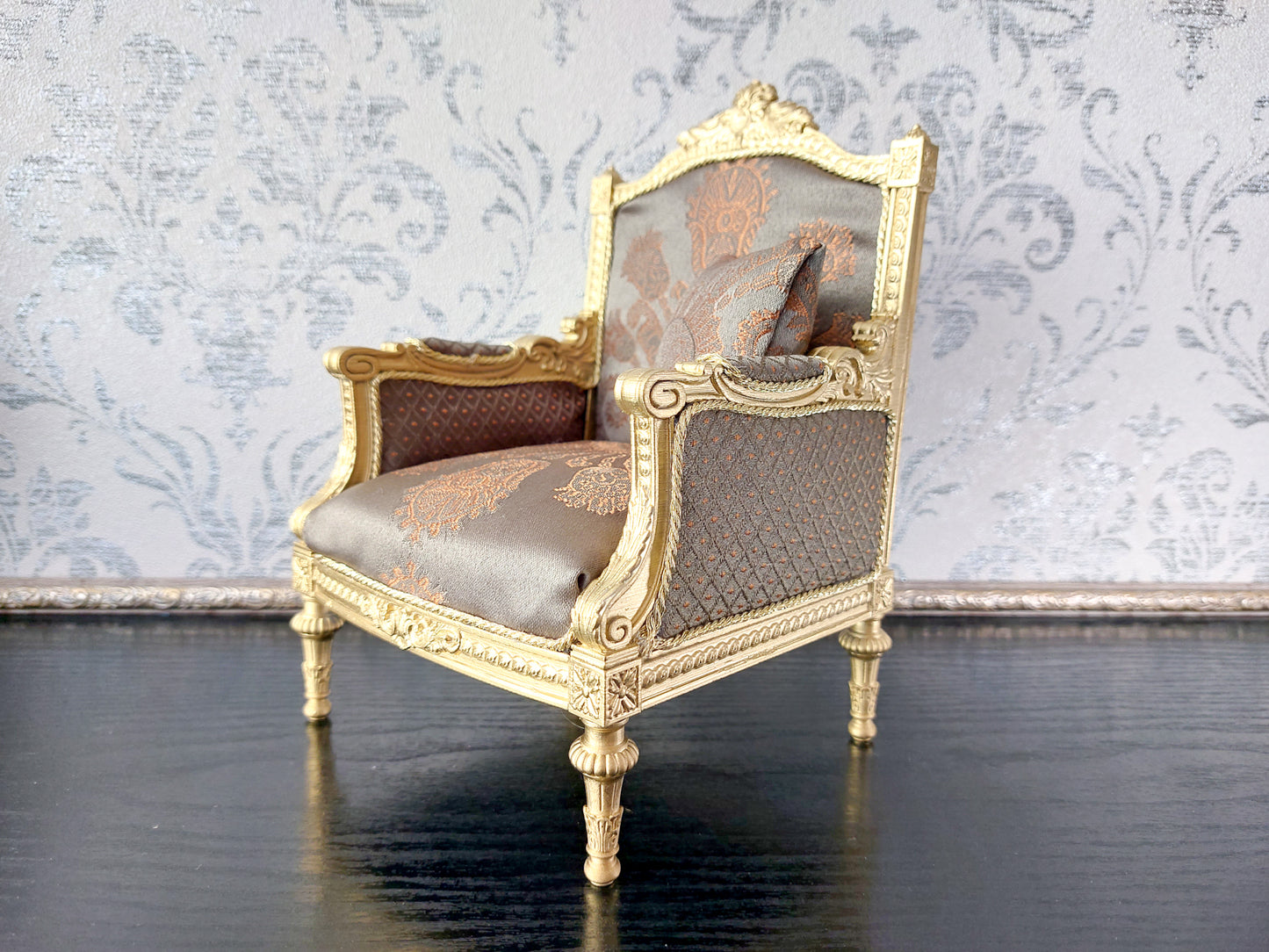 Classical sofa and armchair for dolls, Louis XVI style, gold & green