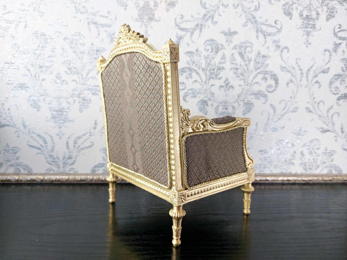 Classical sofa and armchair for dolls, Louis XVI style, gold & green
